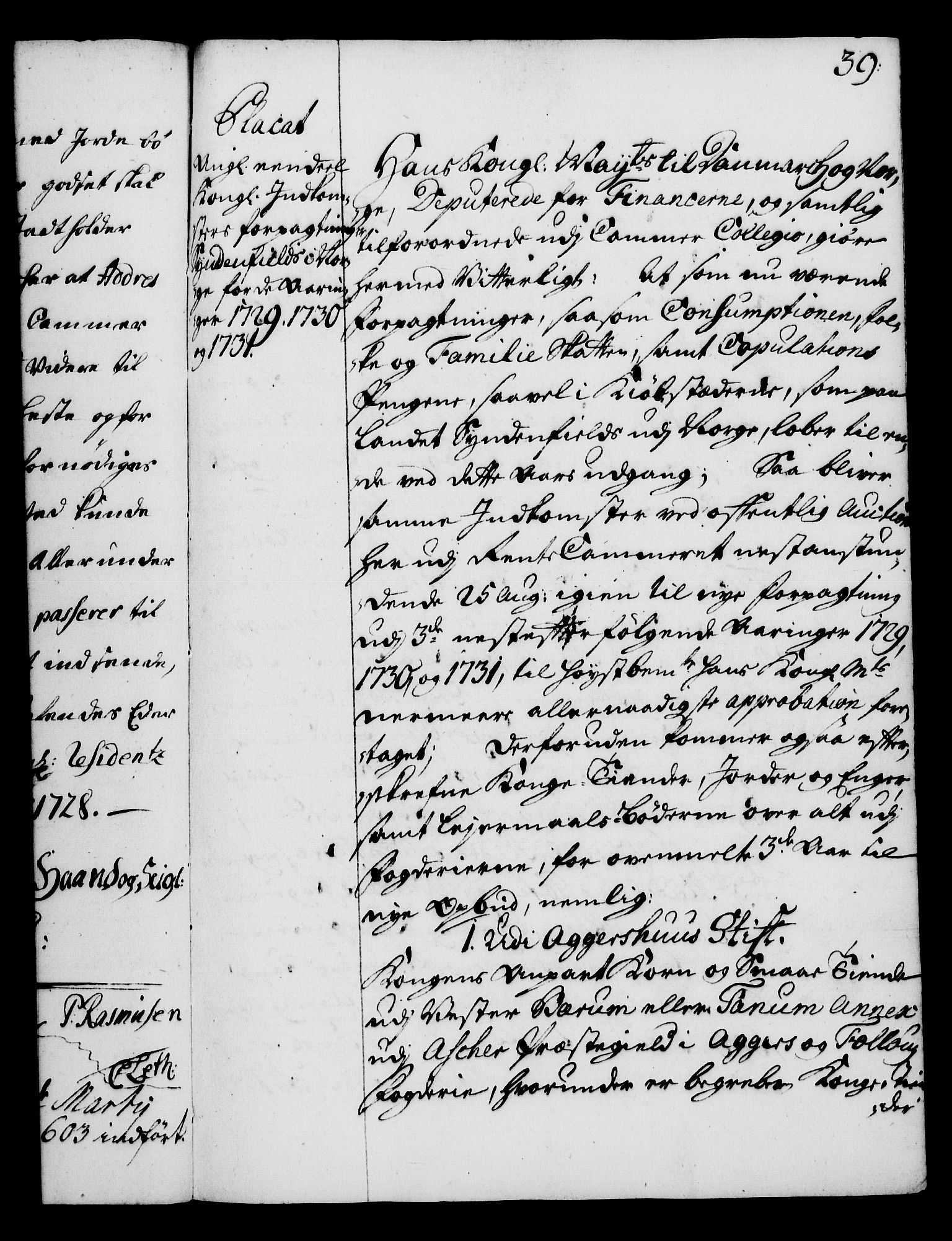 Rentekammeret, Kammerkanselliet, RA/EA-3111/G/Gg/Gga/L0003: Norsk ekspedisjonsprotokoll med register (merket RK 53.3), 1727-1734, s. 39