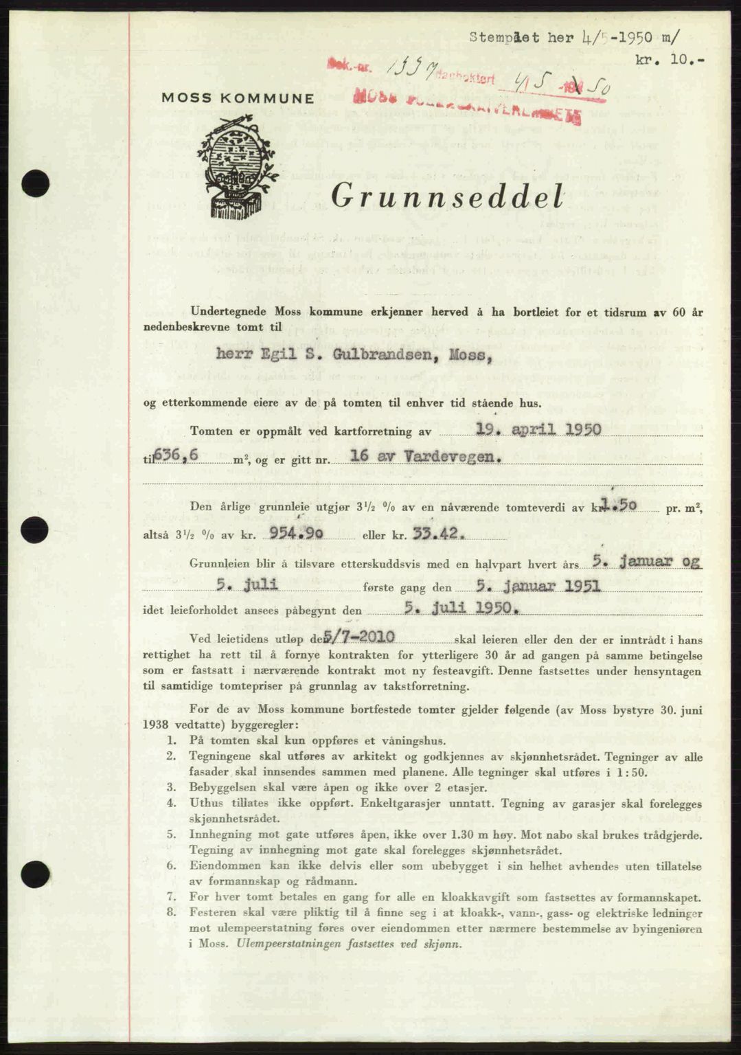 Moss sorenskriveri, SAO/A-10168: Pantebok nr. A26, 1950-1950, Dagboknr: 1337/1950