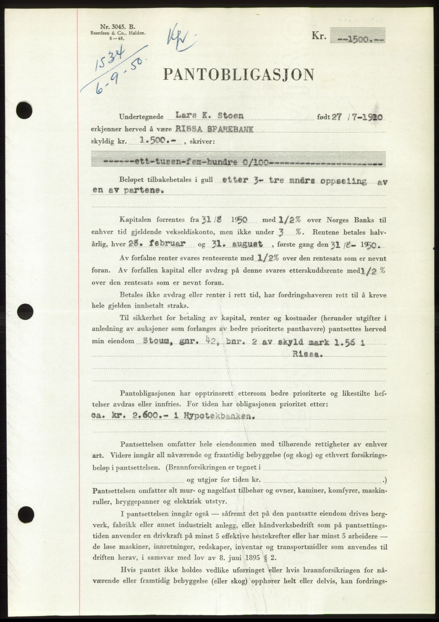 Fosen sorenskriveri, AV/SAT-A-1107/1/2/2C: Pantebok nr. B, 1948-1950, Dagboknr: 1534/1950