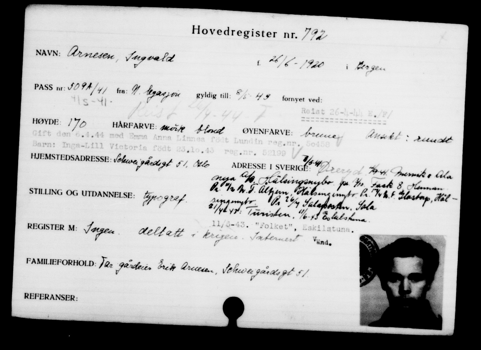 Utenriksstasjonene, Legasjonen i Stockholm, Flyktningkontoret, AV/RA-S-6753/V/Va/L0001: Kjesäterkartoteket, flyktninger med registreringsnr. 1-1000, 1940-1945, s. 1255