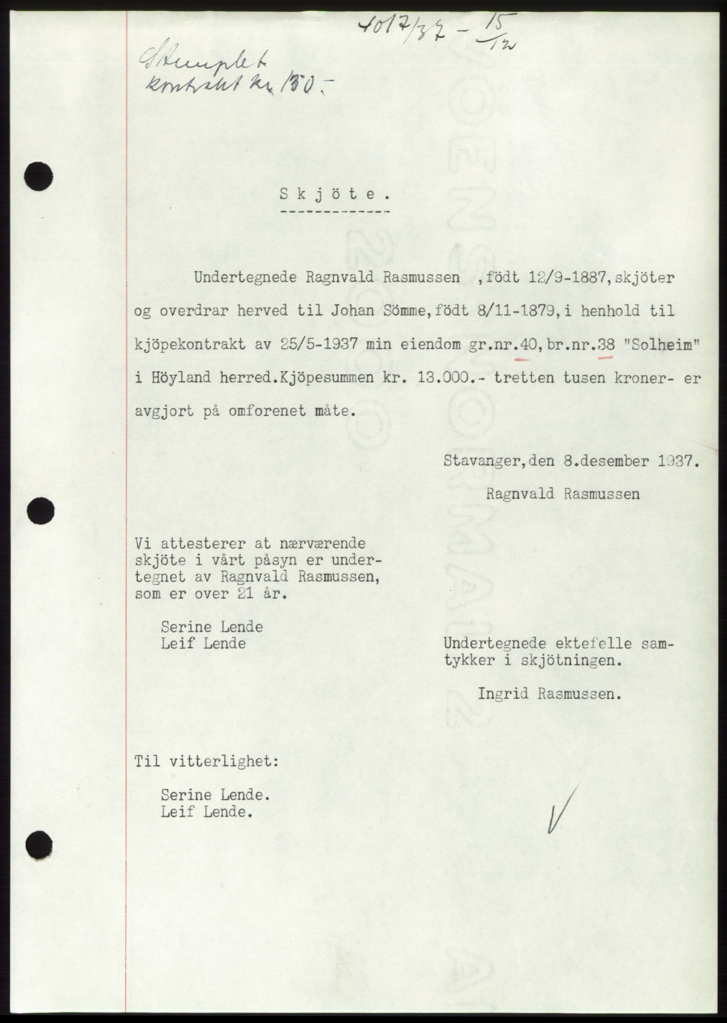 Jæren sorenskriveri, SAST/A-100310/03/G/Gba/L0069: Pantebok, 1937-1937, Dagboknr: 4017/1937
