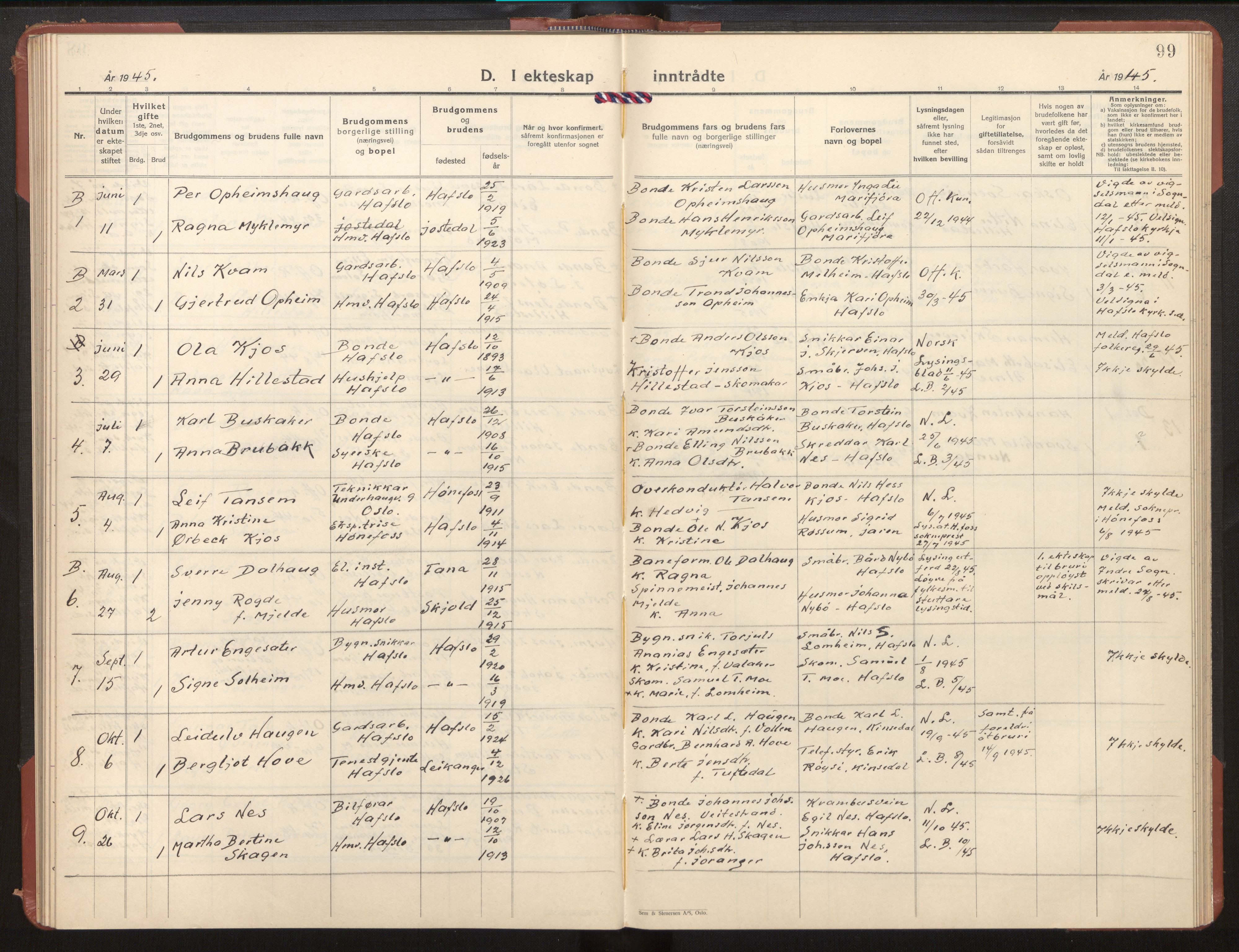 Hafslo sokneprestembete, AV/SAB-A-80301/H/Hab/Habb/L0003: Klokkerbok nr. B 3, 1937-1958, s. 99