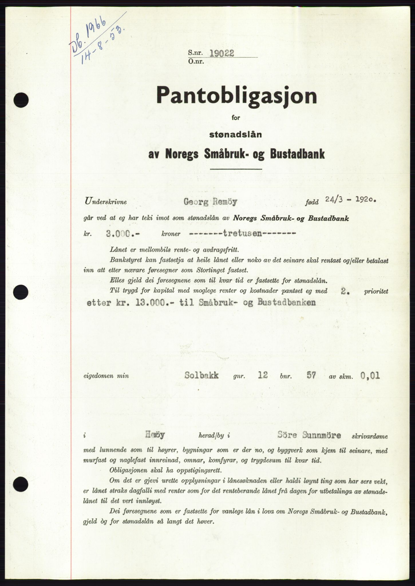 Søre Sunnmøre sorenskriveri, SAT/A-4122/1/2/2C/L0123: Pantebok nr. 11B, 1953-1953, Dagboknr: 1966/1953
