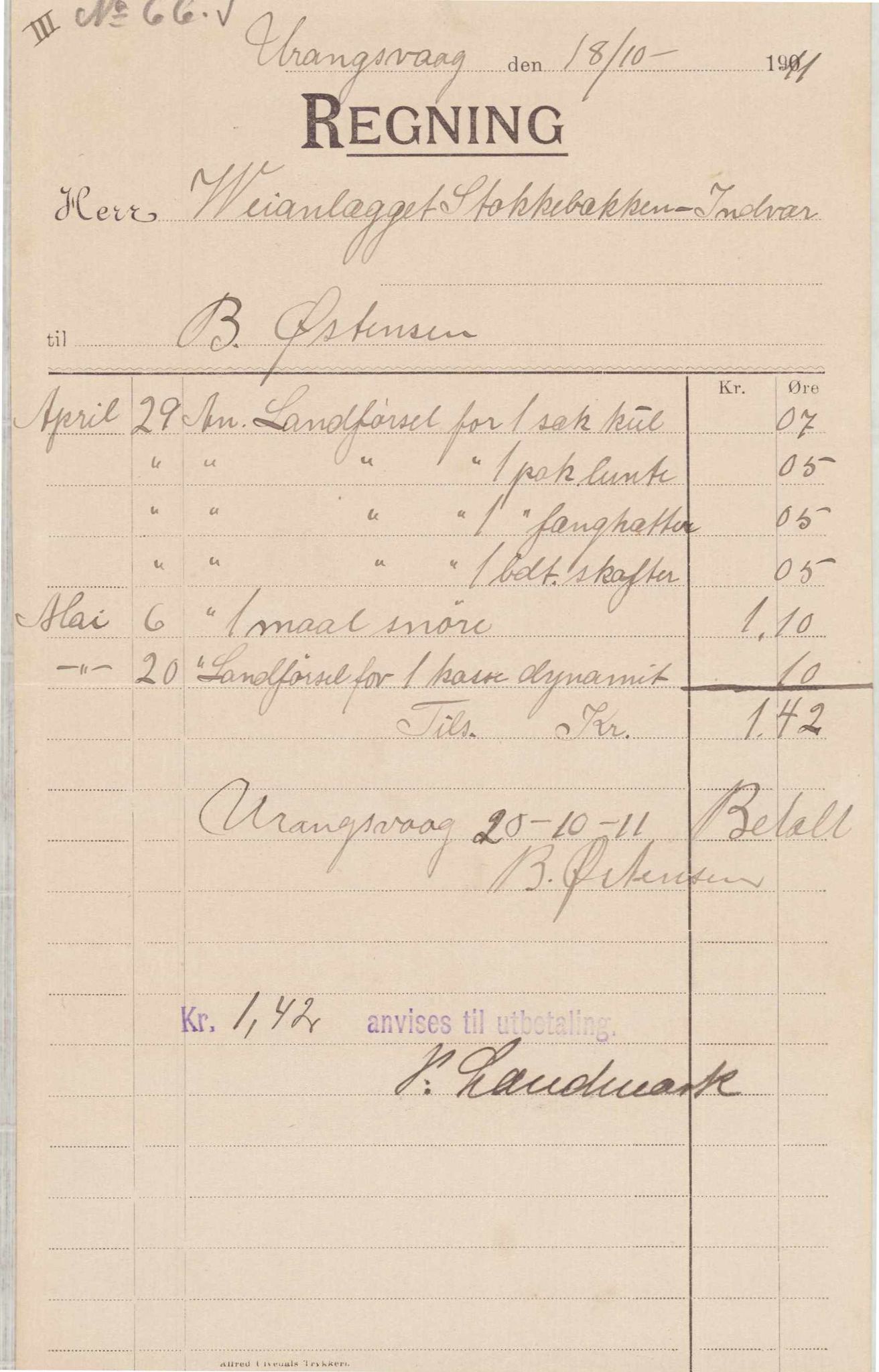 Finnaas kommune. Formannskapet, IKAH/1218a-021/E/Ea/L0001/0001: Rekneskap for veganlegg / Rekneskap for veganlegget Indvær - Stokkabakken, 1910-1915, s. 35