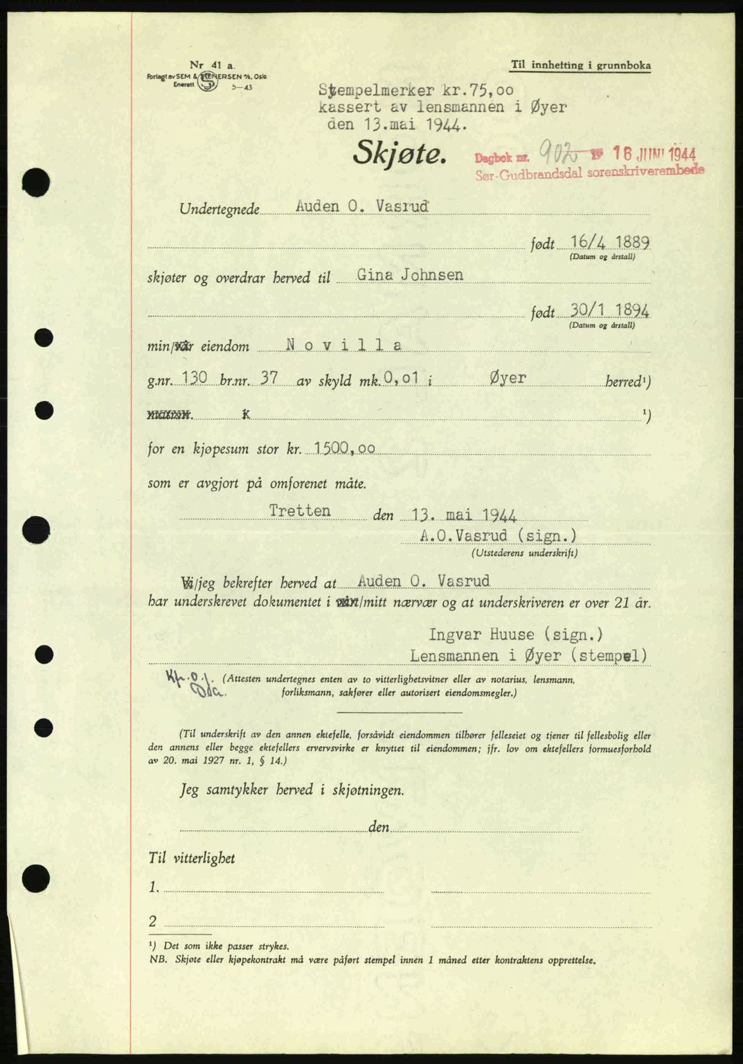 Sør-Gudbrandsdal tingrett, SAH/TING-004/H/Hb/Hbd/L0013: Pantebok nr. A13, 1944-1944, Dagboknr: 902/1944