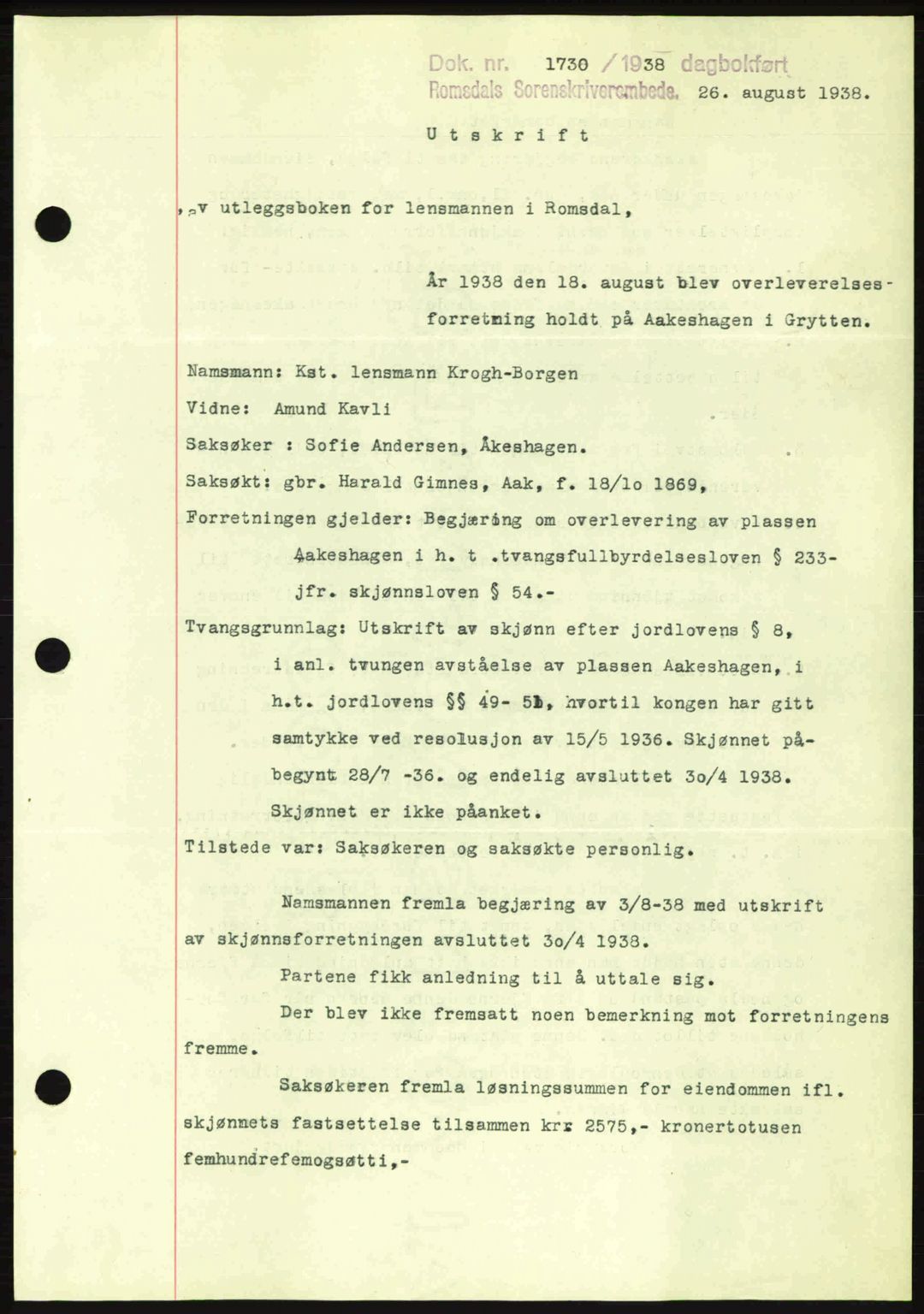 Romsdal sorenskriveri, SAT/A-4149/1/2/2C: Pantebok nr. A5, 1938-1938, Dagboknr: 1730/1938