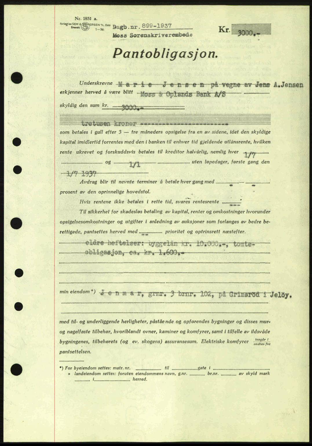 Moss sorenskriveri, SAO/A-10168: Pantebok nr. B3, 1937-1937, Dagboknr: 899/1937