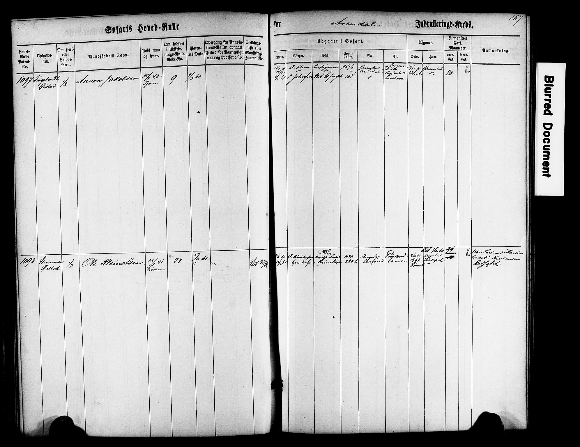 Arendal mønstringskrets, SAK/2031-0012/F/Fb/L0009: Hovedrulle nr 767-1532, S-7, 1857-1864, s. 169