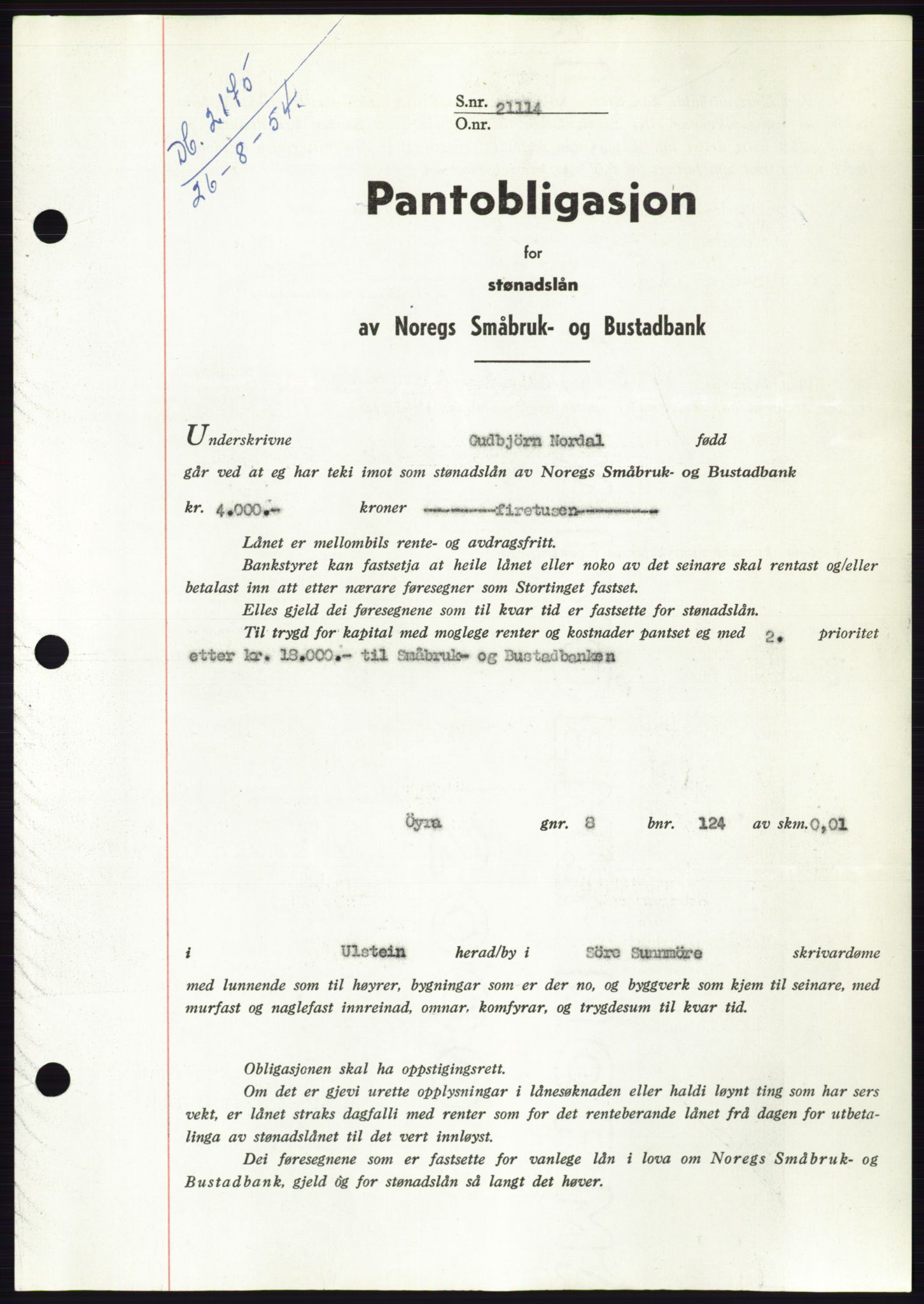 Søre Sunnmøre sorenskriveri, SAT/A-4122/1/2/2C/L0125: Pantebok nr. 13B, 1954-1954, Dagboknr: 2175/1954