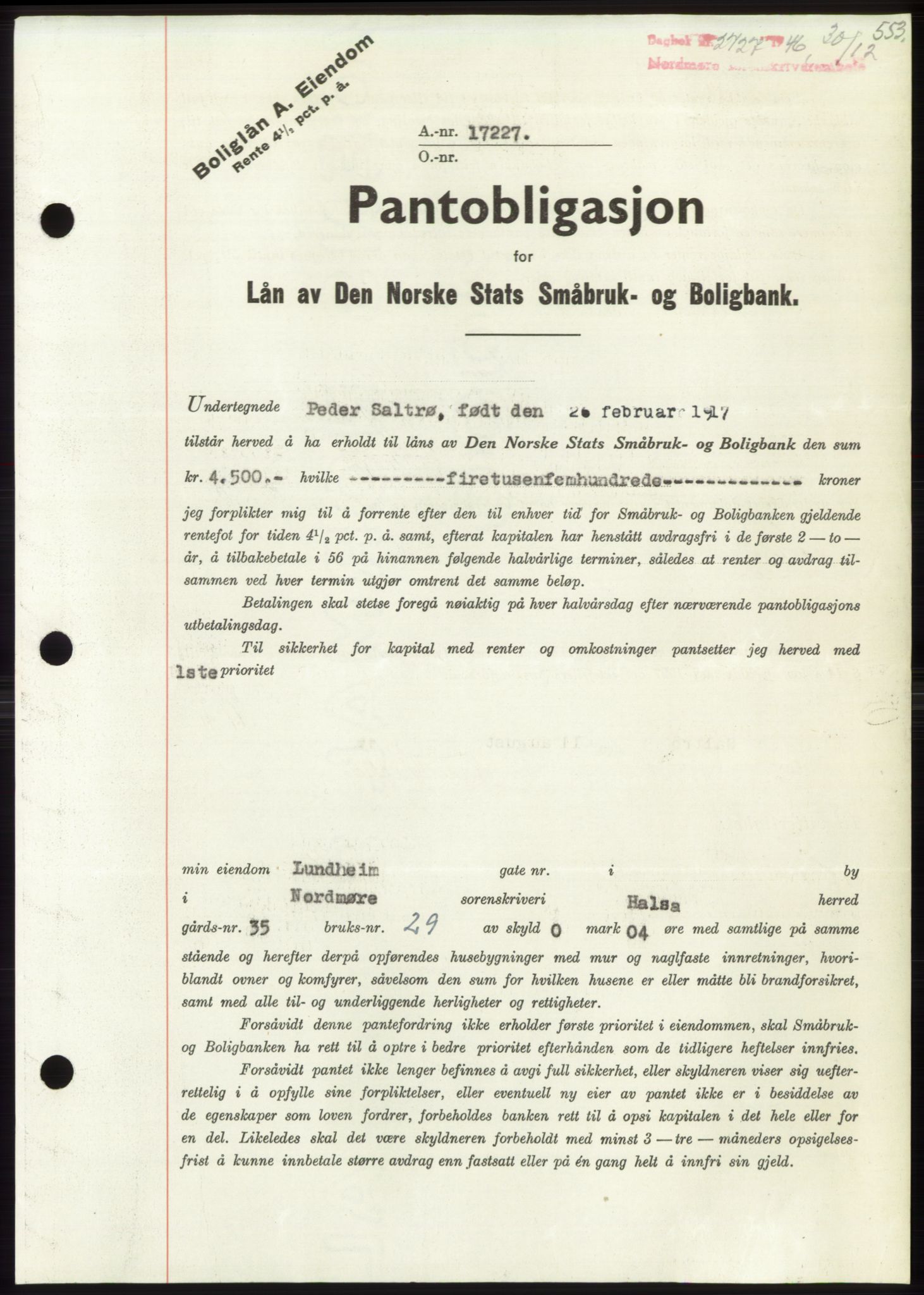 Nordmøre sorenskriveri, AV/SAT-A-4132/1/2/2Ca: Pantebok nr. B95, 1946-1947, Dagboknr: 2727/1946