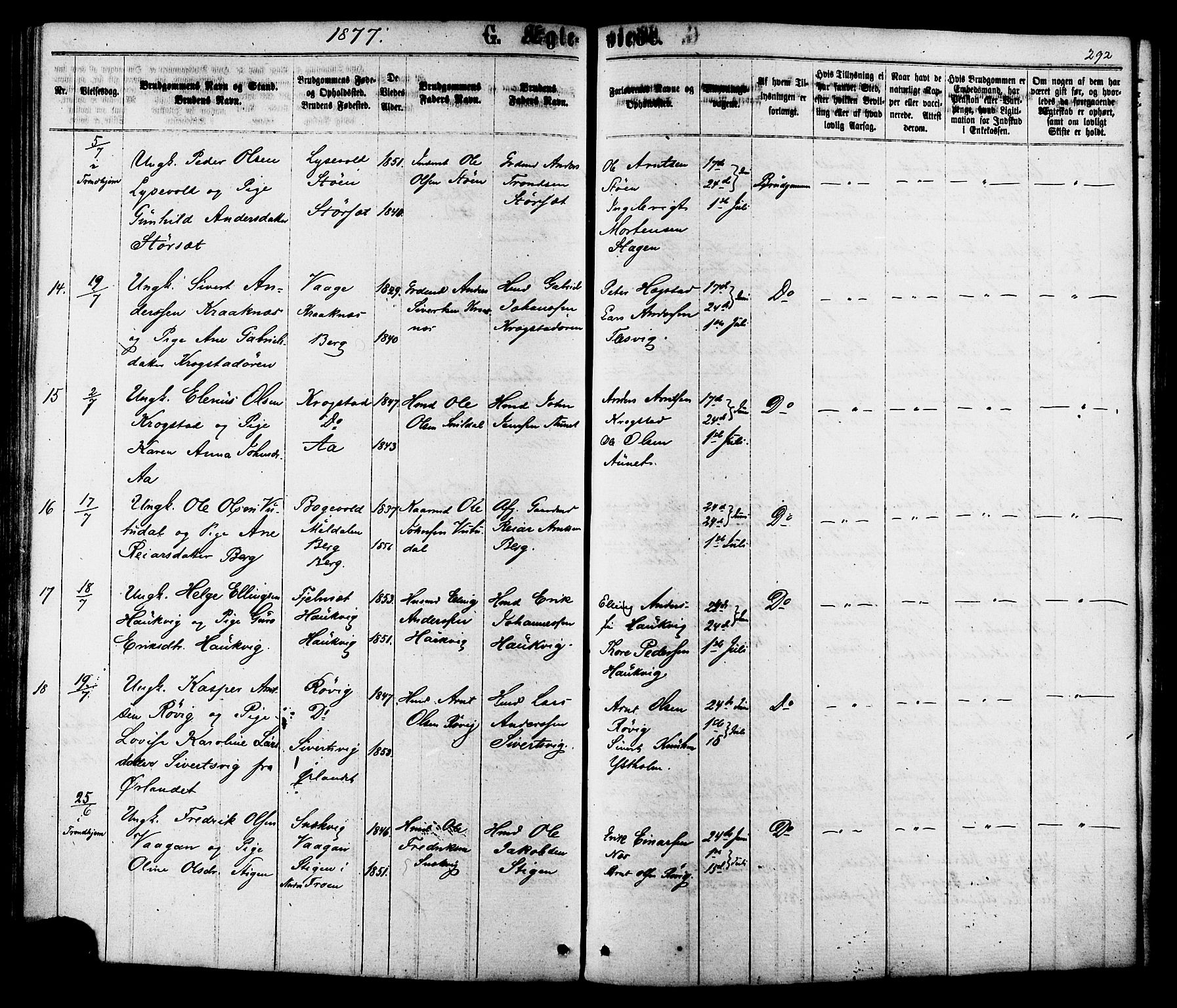 Ministerialprotokoller, klokkerbøker og fødselsregistre - Sør-Trøndelag, SAT/A-1456/630/L0495: Ministerialbok nr. 630A08, 1868-1878, s. 292