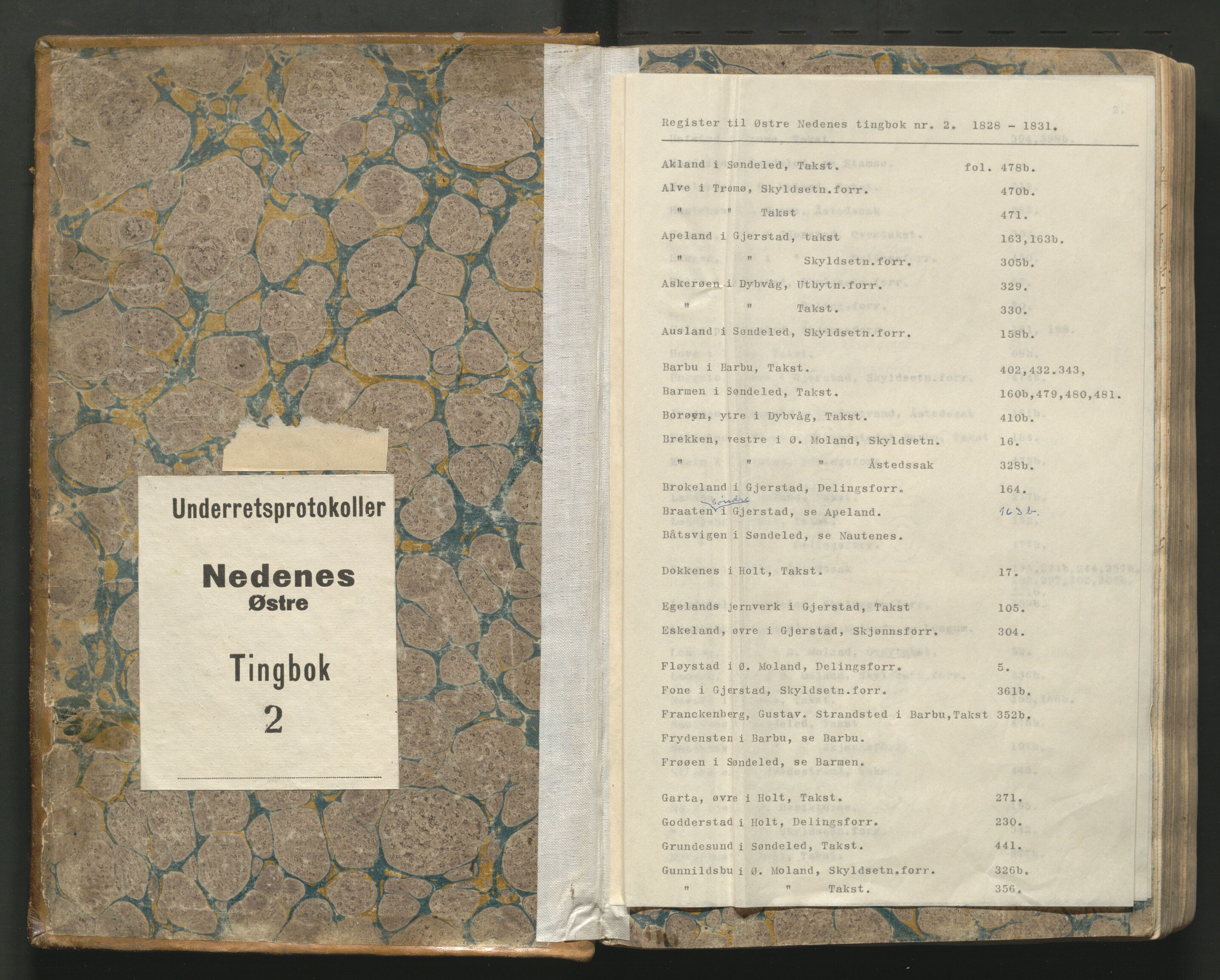 Holt sorenskriveri, AV/SAK-1221-0002/F/Fa/L0002: Tingbok m/register nr 2, 1828-1831