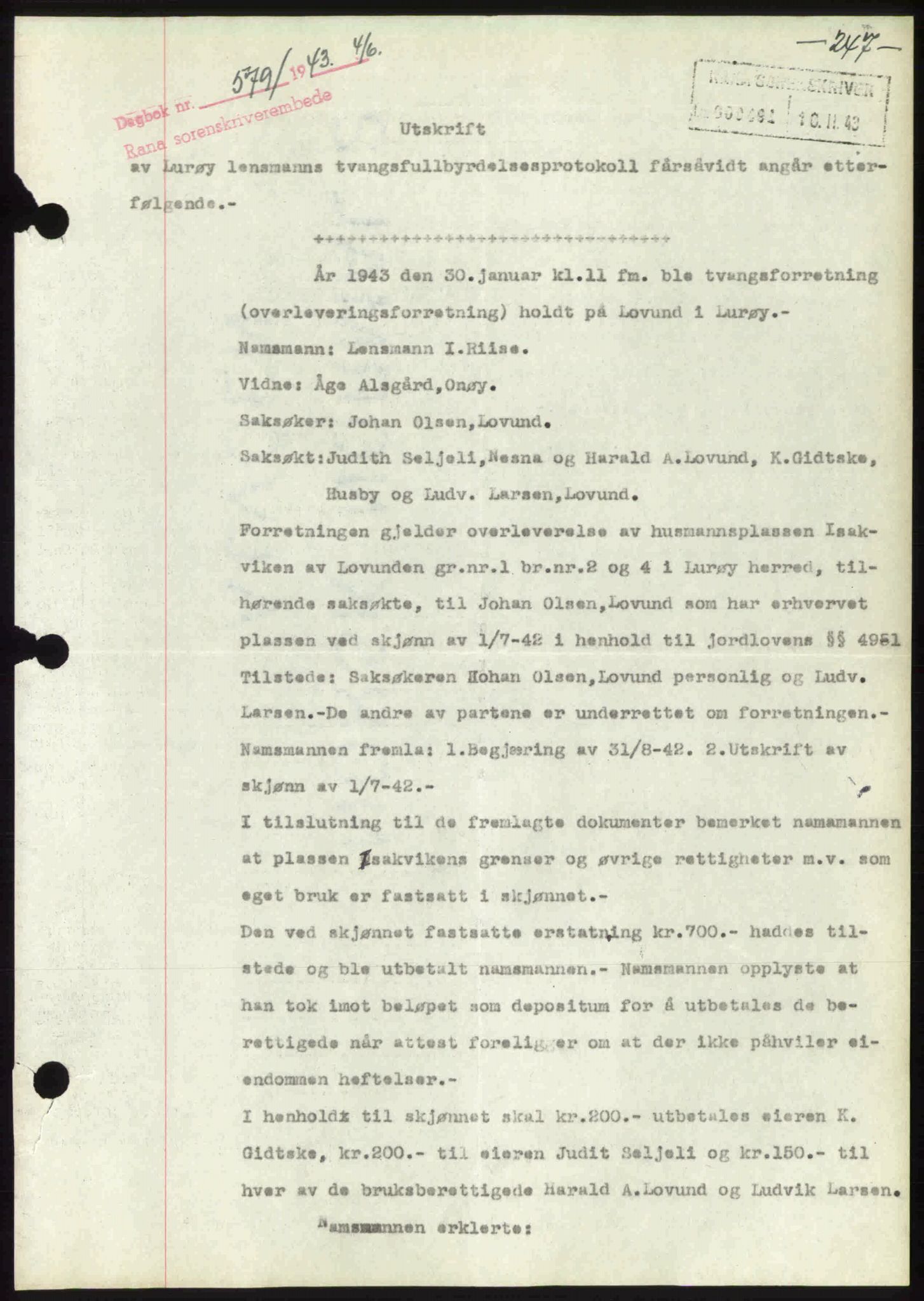 Rana sorenskriveri , SAT/A-1108/1/2/2C: Pantebok nr. A 10, 1942-1943, Dagboknr: 579/1943