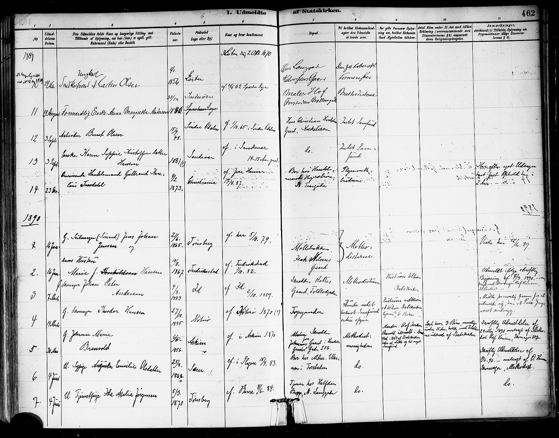 Tønsberg kirkebøker, AV/SAKO-A-330/F/Fa/L0011: Ministerialbok nr. I 11, 1881-1890, s. 462