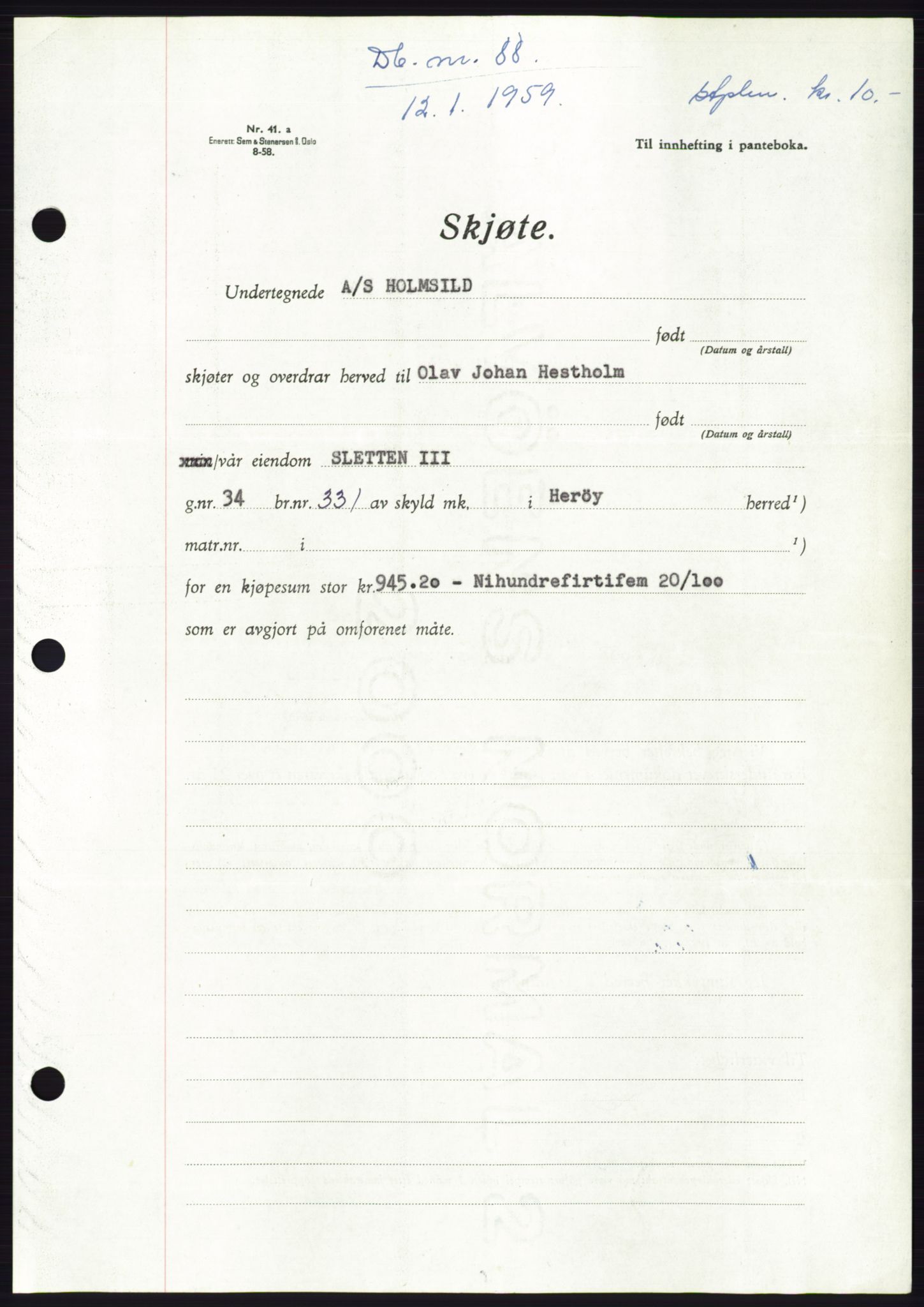 Søre Sunnmøre sorenskriveri, SAT/A-4122/1/2/2C/L0111: Pantebok nr. 37A, 1958-1959, Dagboknr: 88/1959