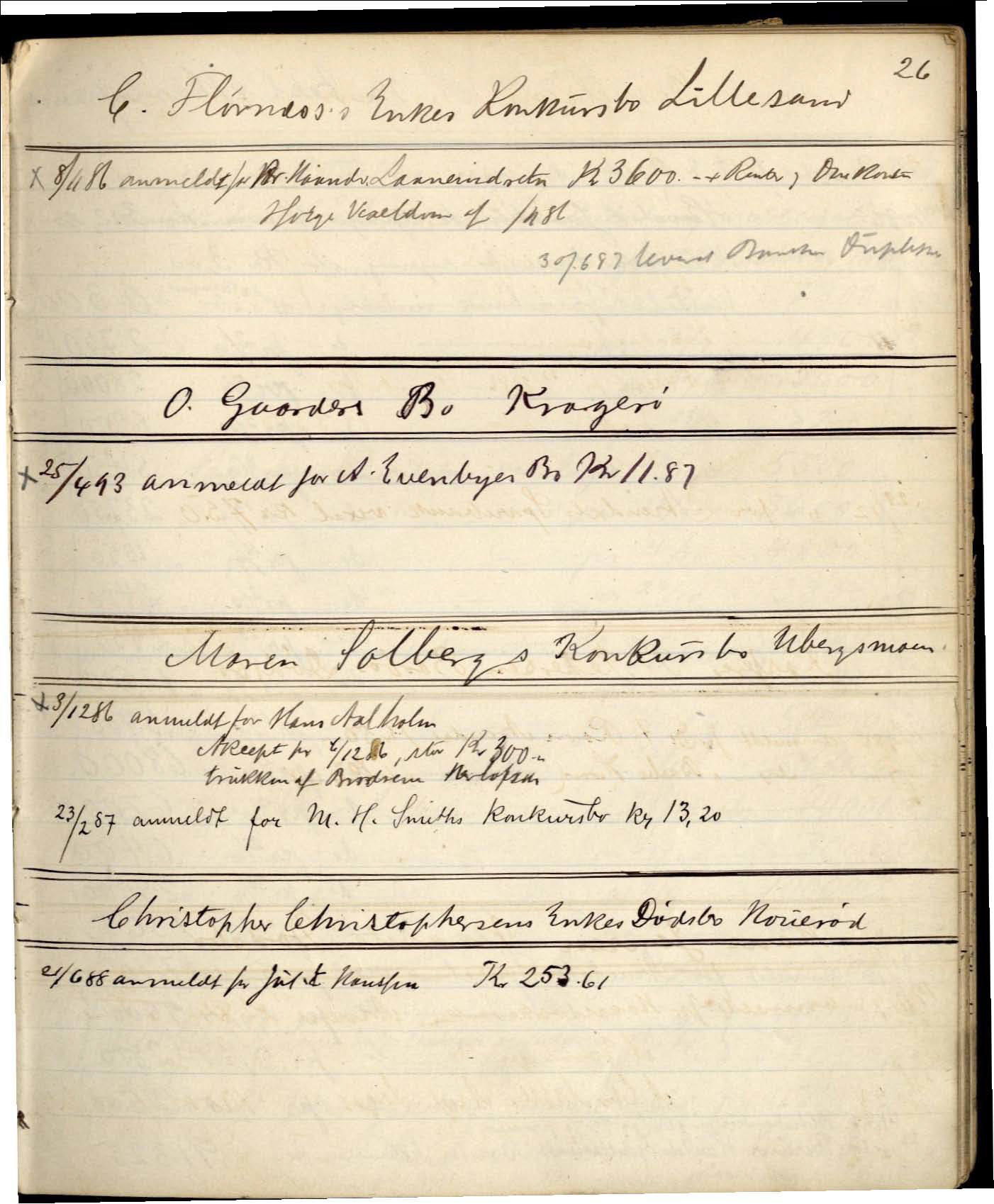 Dedekam, Michael Eidsvold. Overrettssakfører, AAKS/PA-2493/H/H01/L0001/0001: Behandling av konkurs/ auksjoner / Bog nr. 1 til anmeldte Fordringer i Konkursboer , 1881-1894, s. 27
