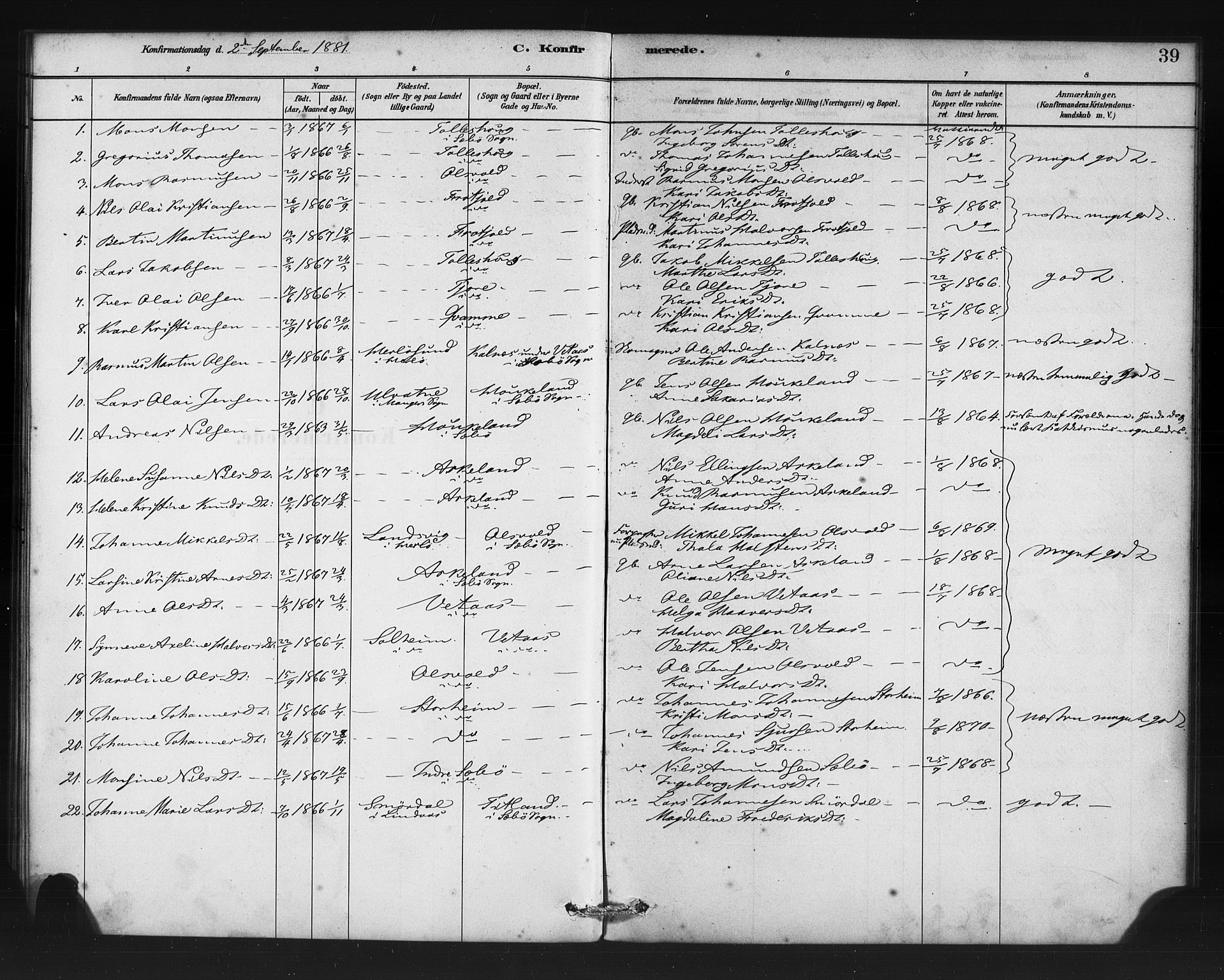 Manger sokneprestembete, AV/SAB-A-76801/H/Haa: Ministerialbok nr. D 1, 1881-1892, s. 39