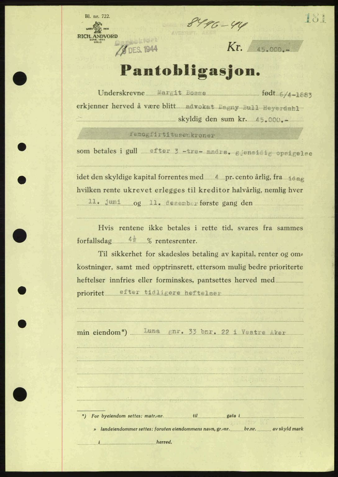 Aker herredsskriveri, SAO/A-10896/G/Gb/Gba/Gbac/L0035: Pantebok nr. B200-201, 1944-1944, Dagboknr: 8496/1944