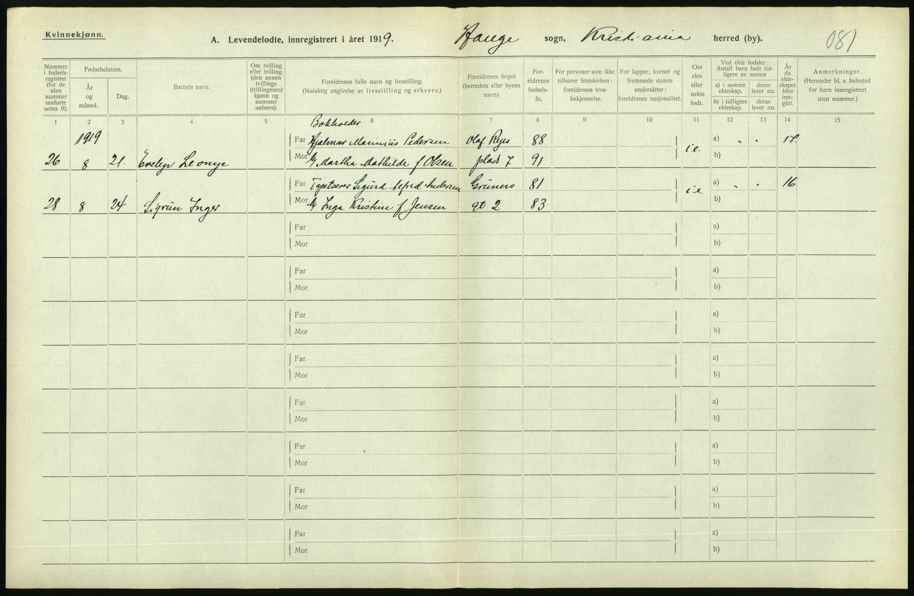 Statistisk sentralbyrå, Sosiodemografiske emner, Befolkning, AV/RA-S-2228/D/Df/Dfb/Dfbi/L0008: Kristiania: Levendefødte menn og kvinner., 1919