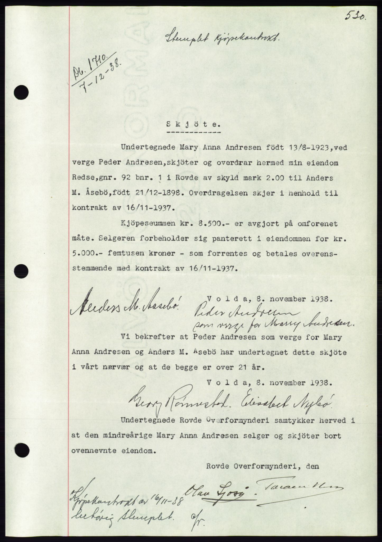 Søre Sunnmøre sorenskriveri, AV/SAT-A-4122/1/2/2C/L0066: Pantebok nr. 60, 1938-1938, Dagboknr: 1710/1938