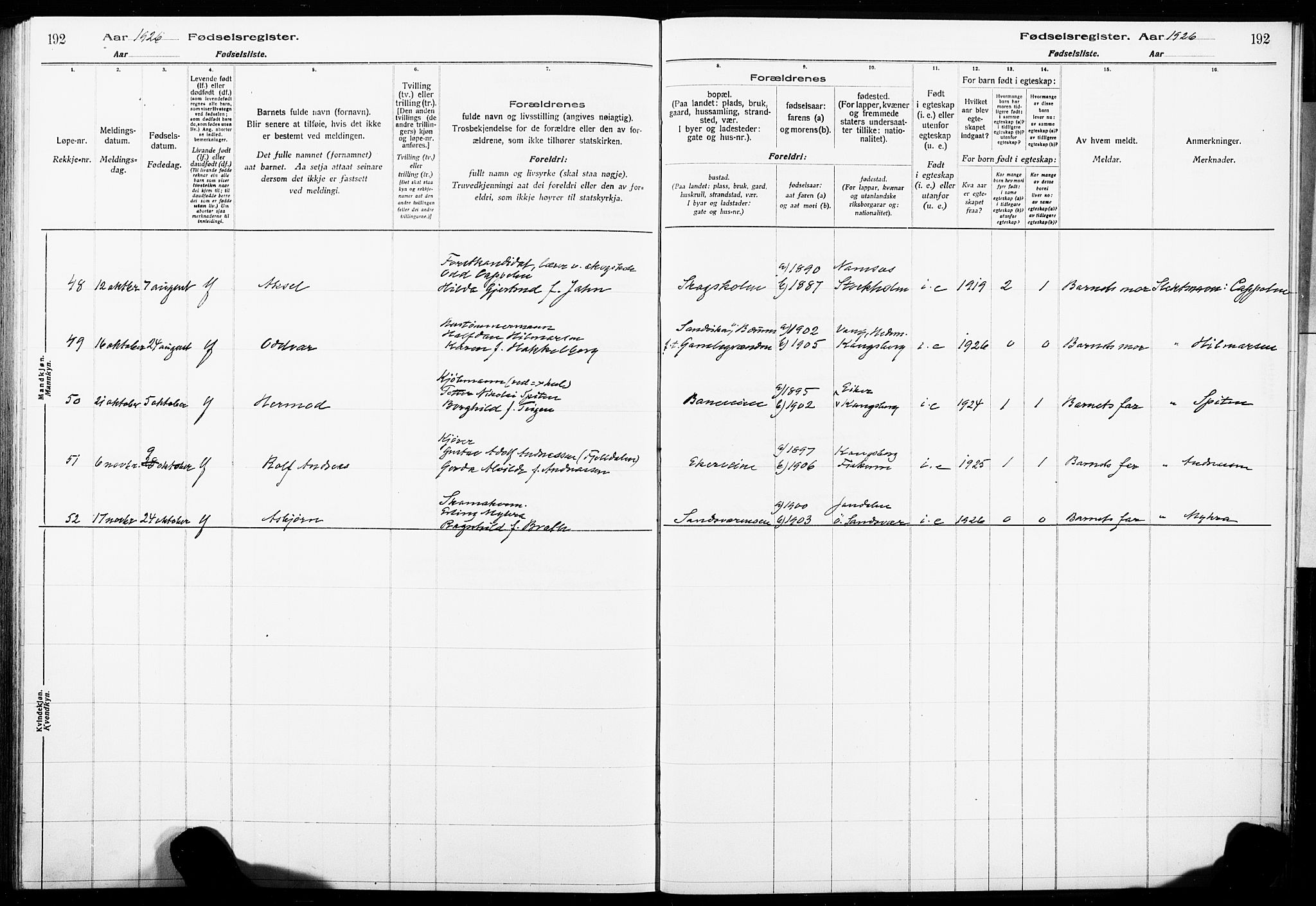 Kongsberg kirkebøker, AV/SAKO-A-22/J/Ja/L0001: Fødselsregister nr. I 1, 1916-1927, s. 192