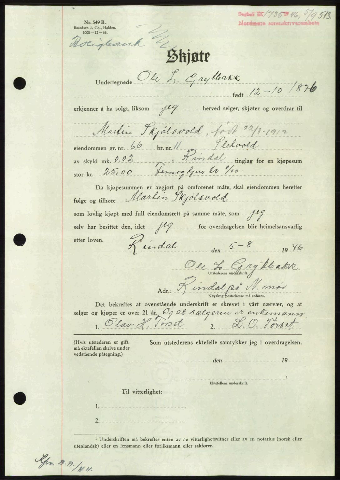 Nordmøre sorenskriveri, SAT/A-4132/1/2/2Ca: Pantebok nr. A102, 1946-1946, Dagboknr: 1735/1946