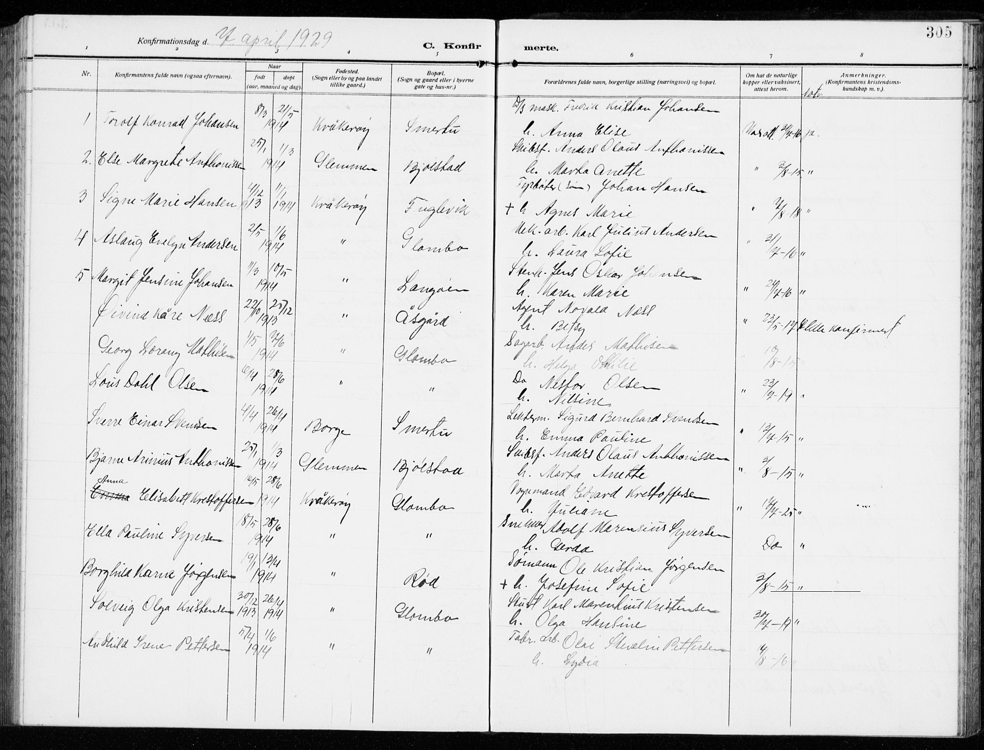 Kråkerøy prestekontor Kirkebøker, AV/SAO-A-10912/G/Ga/L0001: Klokkerbok nr. 1, 1908-1944, s. 305