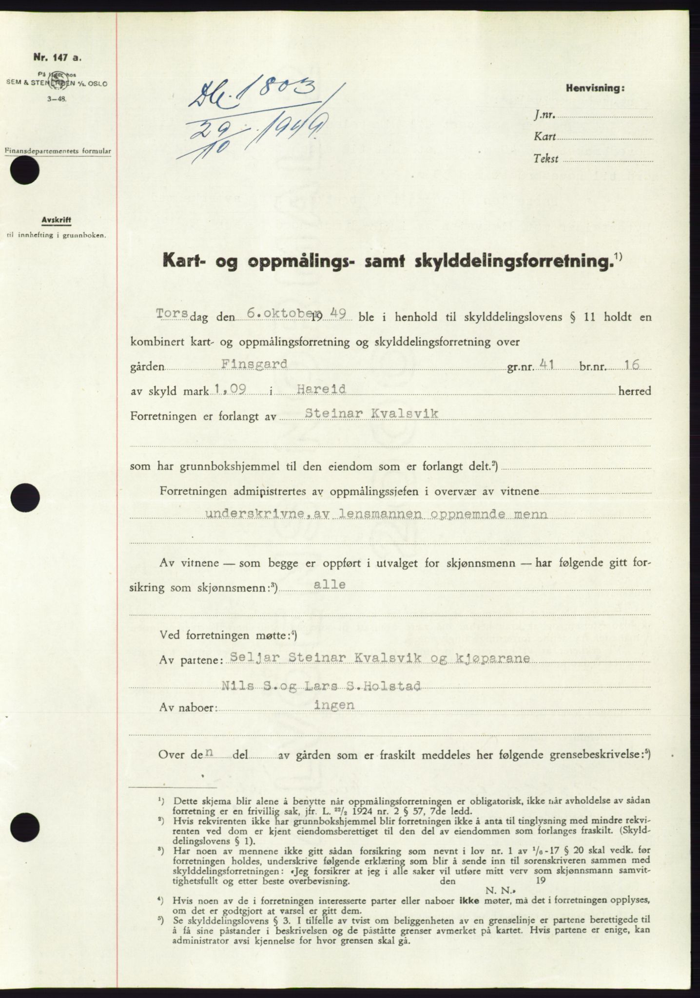 Søre Sunnmøre sorenskriveri, SAT/A-4122/1/2/2C/L0085: Pantebok nr. 11A, 1949-1949, Dagboknr: 1803/1949