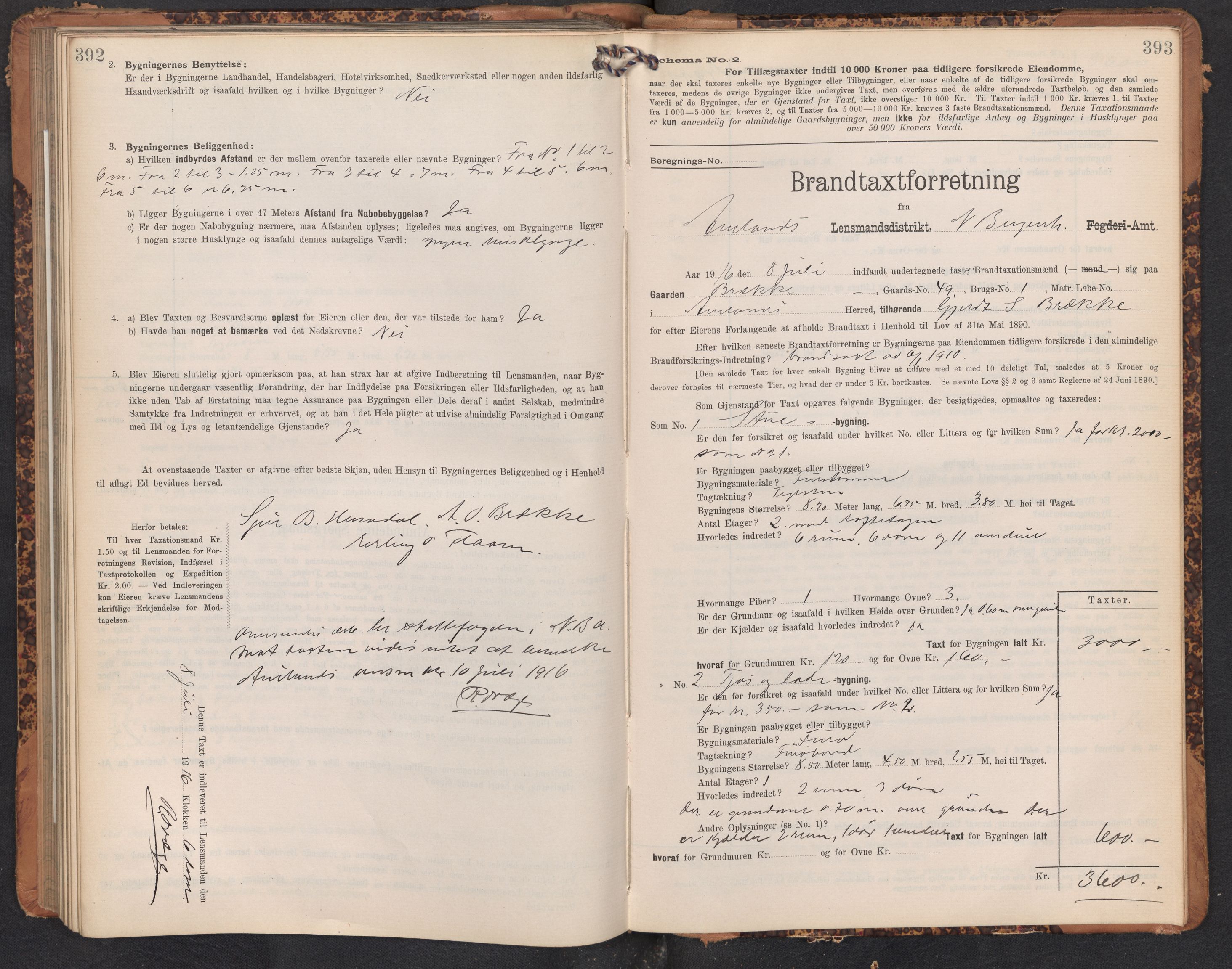 Lensmannen i Aurland, SAB/A-26401/0012/L0005: Branntakstprotokoll, skjematakst, 1909-1916, s. 392-393