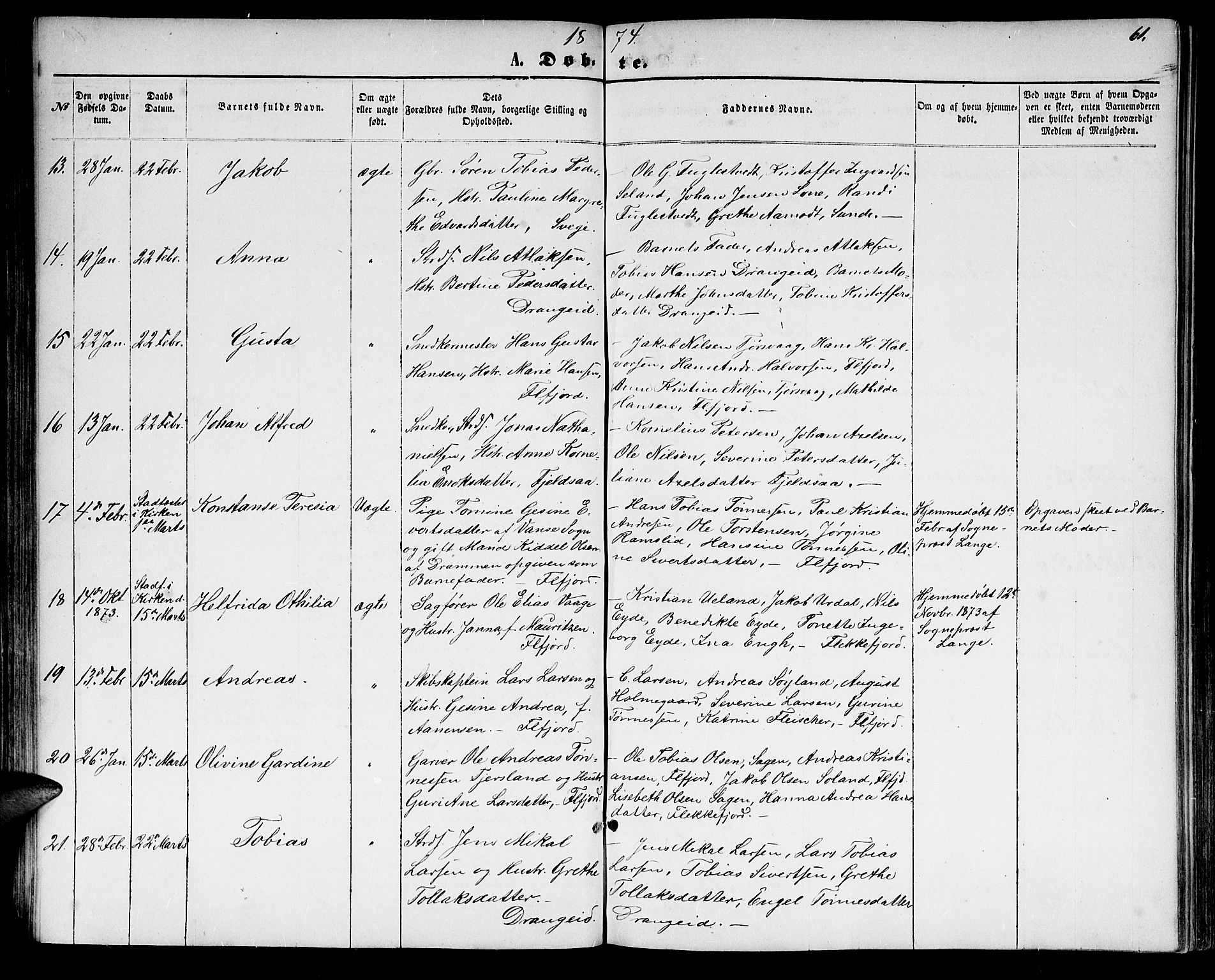 Flekkefjord sokneprestkontor, AV/SAK-1111-0012/F/Fb/Fbc/L0006: Klokkerbok nr. B 6, 1866-1879, s. 61