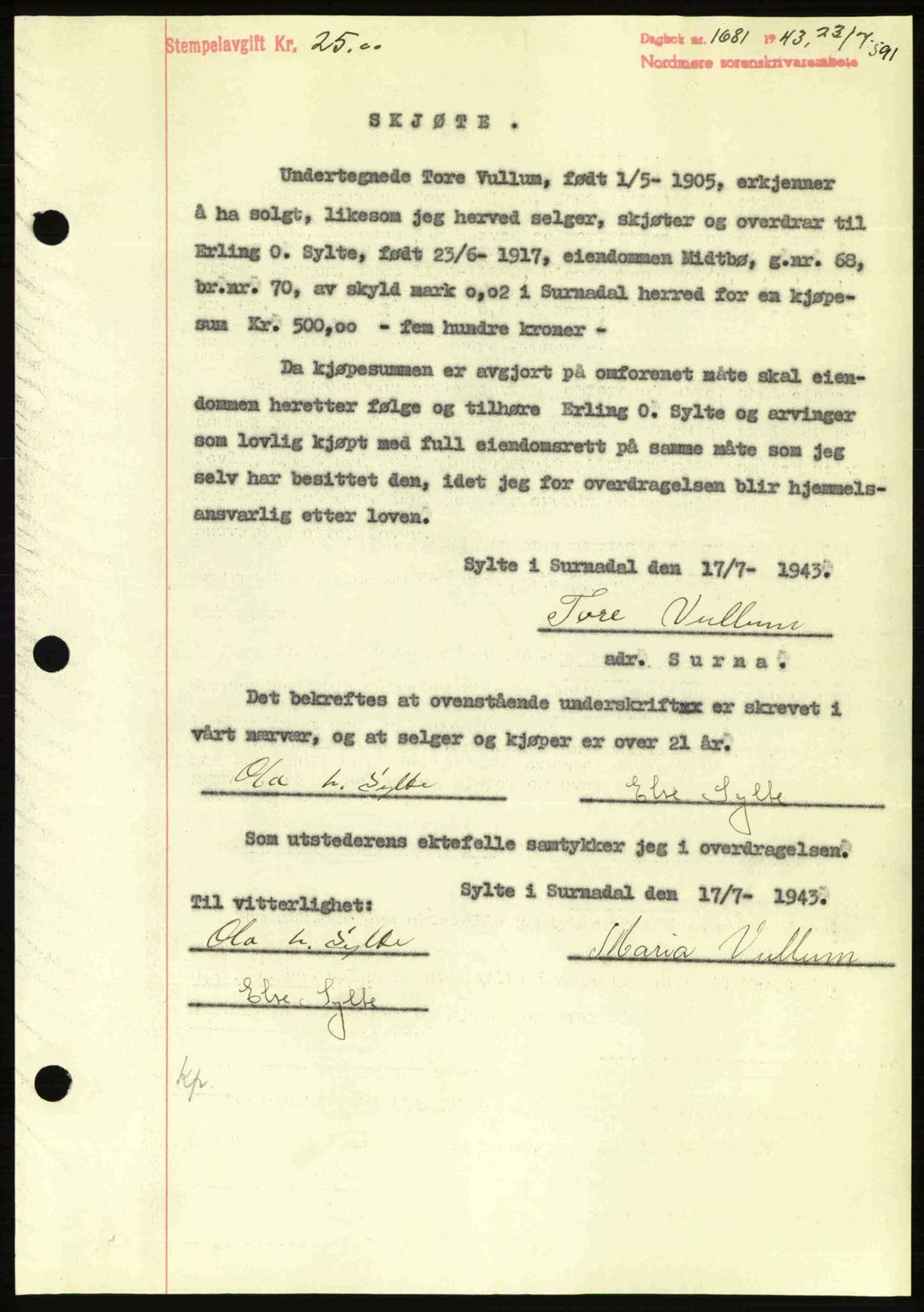 Nordmøre sorenskriveri, AV/SAT-A-4132/1/2/2Ca: Pantebok nr. A95, 1943-1943, Dagboknr: 1681/1943