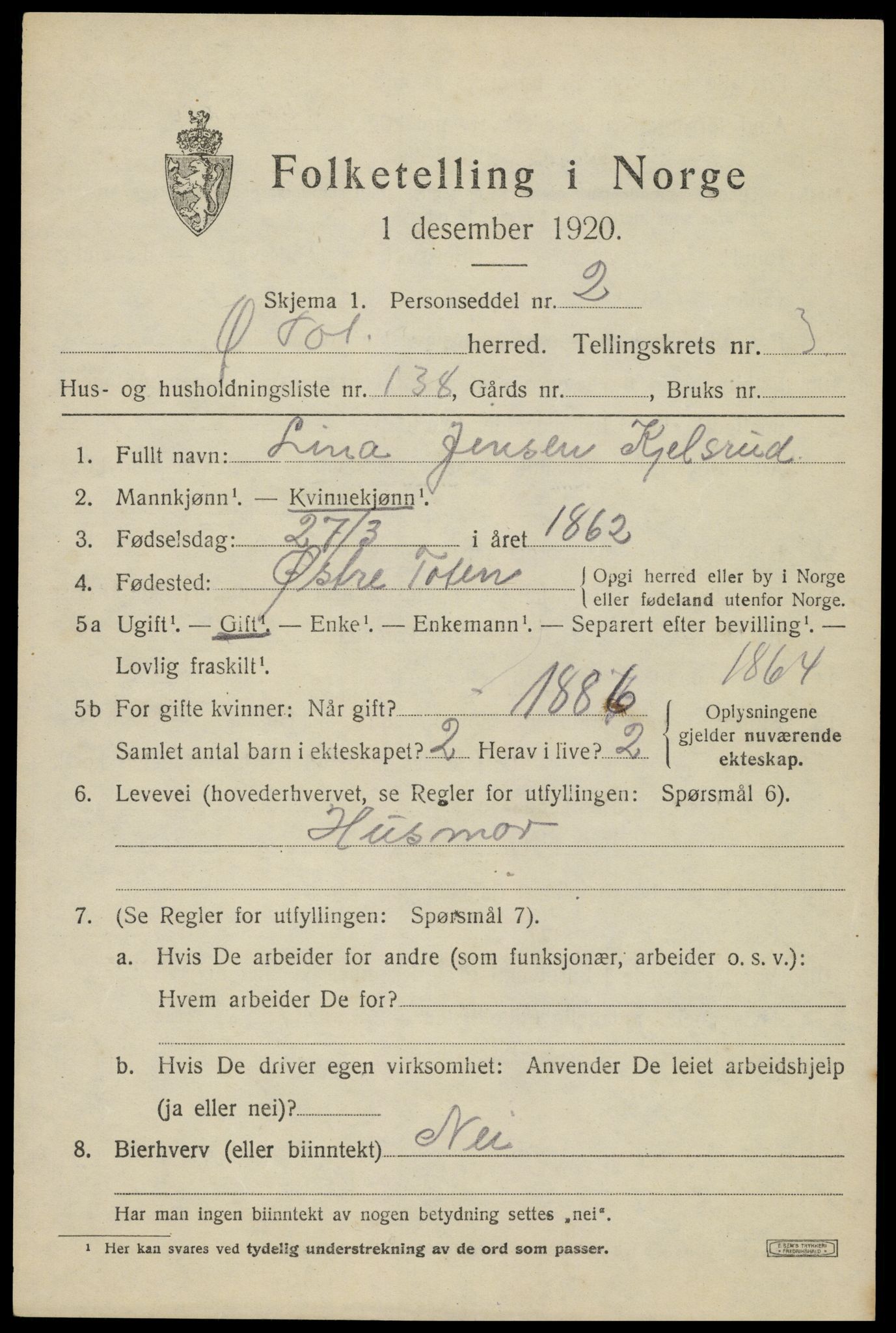 SAH, Folketelling 1920 for 0528 Østre Toten herred, 1920, s. 7548