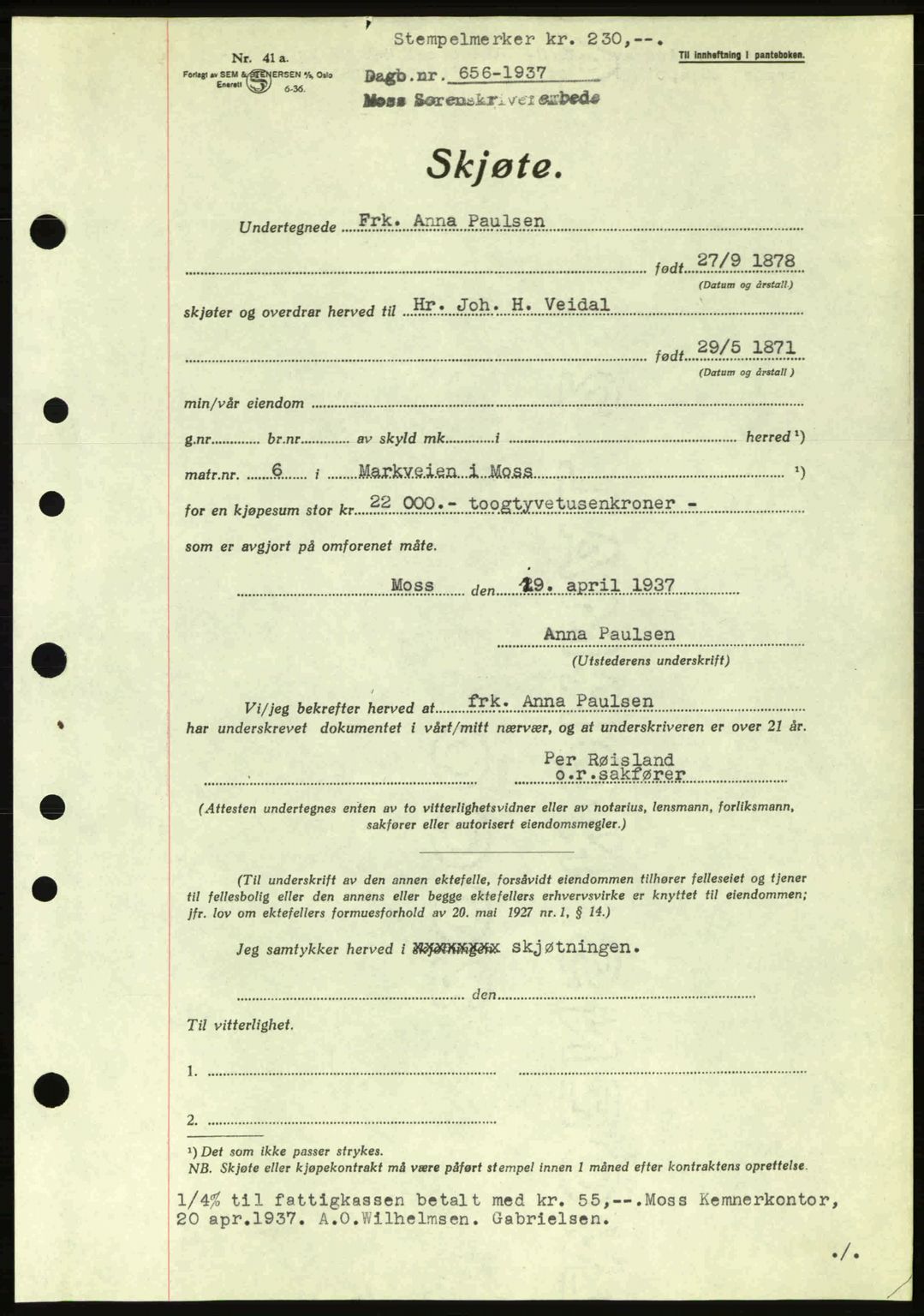 Moss sorenskriveri, SAO/A-10168: Pantebok nr. A2, 1936-1937, Dagboknr: 656/1937
