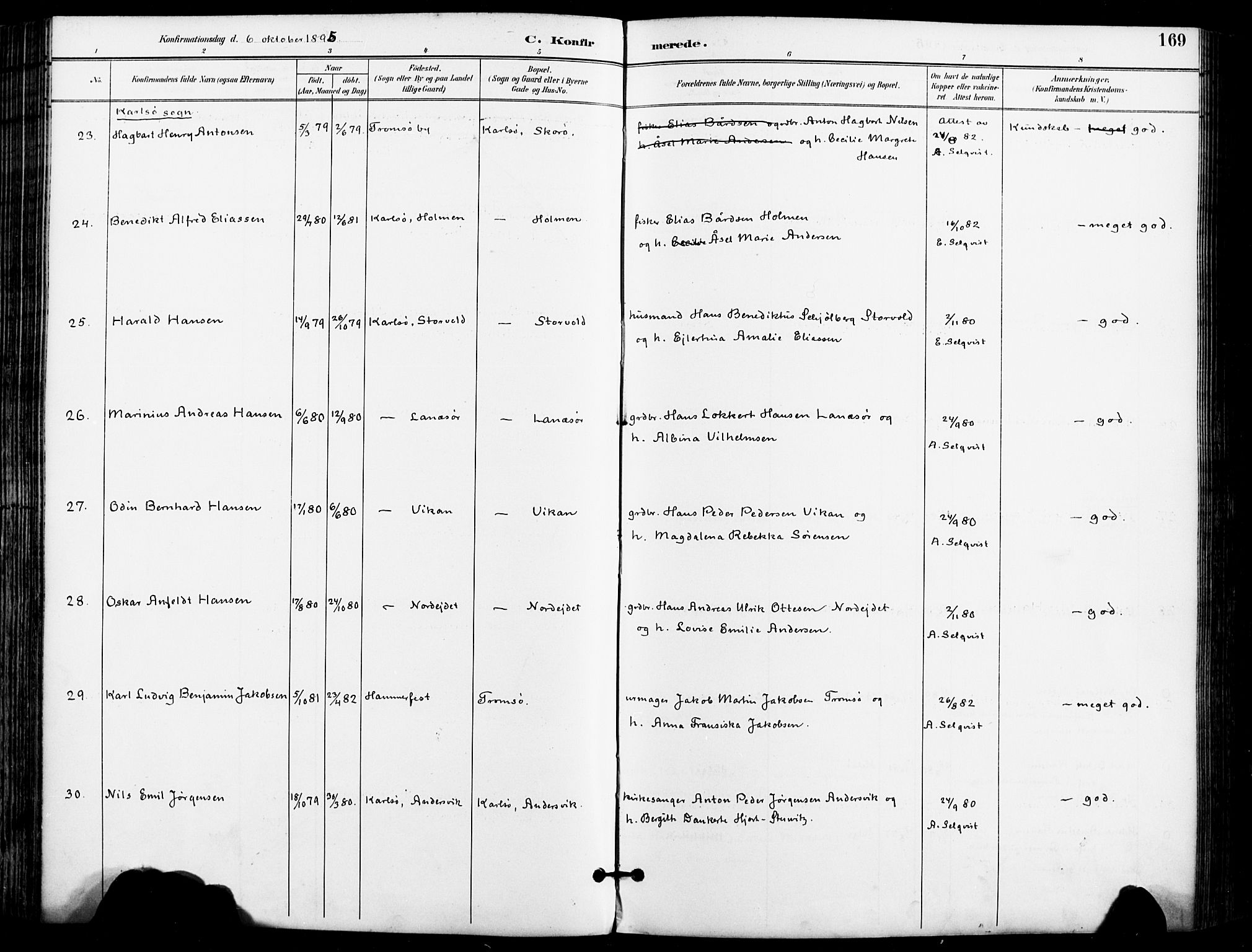 Karlsøy sokneprestembete, AV/SATØ-S-1299/H/Ha/Haa/L0007kirke: Ministerialbok nr. 7, 1891-1902, s. 169