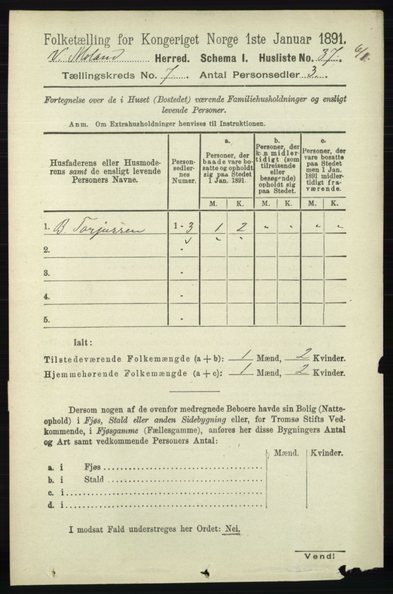 RA, Folketelling 1891 for 0926 Vestre Moland herred, 1891, s. 2796