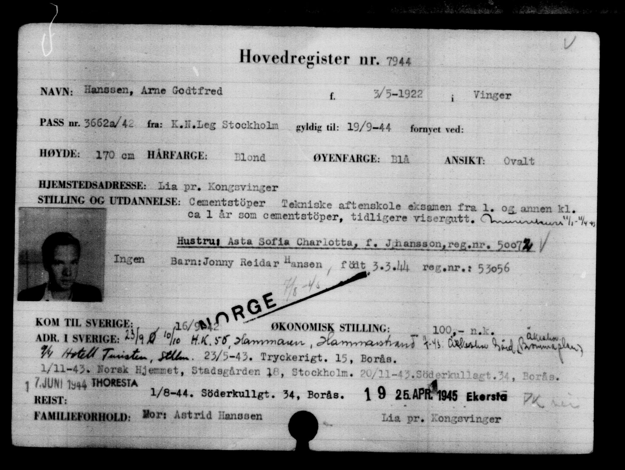 Utenriksstasjonene, Legasjonen i Stockholm, Flyktningkontoret, AV/RA-S-6753/V/Va/L0005: Kjesäterkartoteket, flyktninger med registreringsnr. 6600-9417, 1940-1945, s. 1571