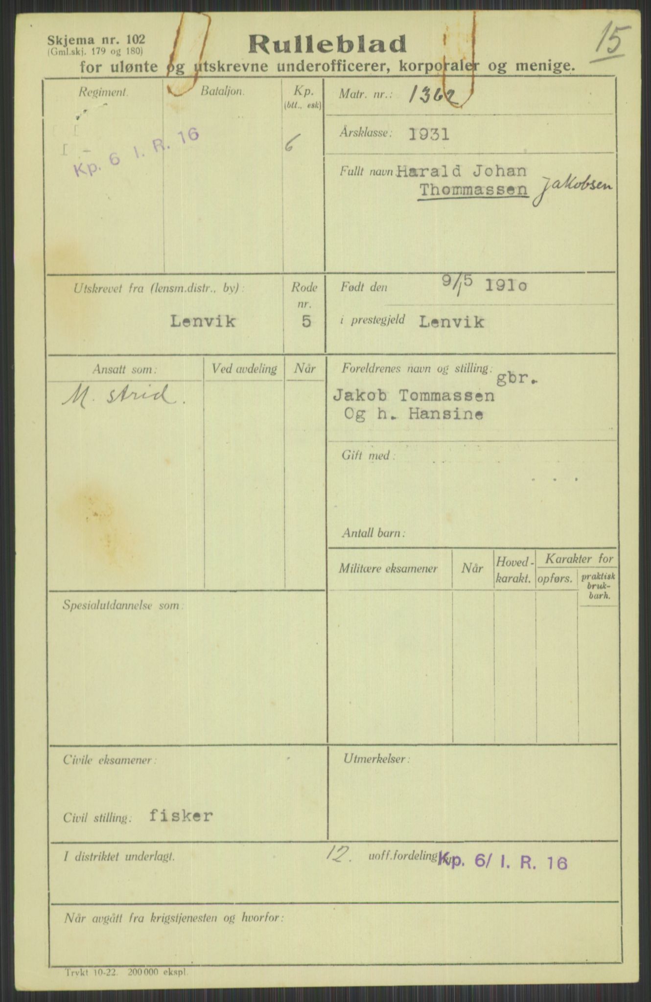 Forsvaret, Troms infanteriregiment nr. 16, AV/RA-RAFA-3146/P/Pa/L0015: Rulleblad for regimentets menige mannskaper, årsklasse 1931, 1931, s. 1143