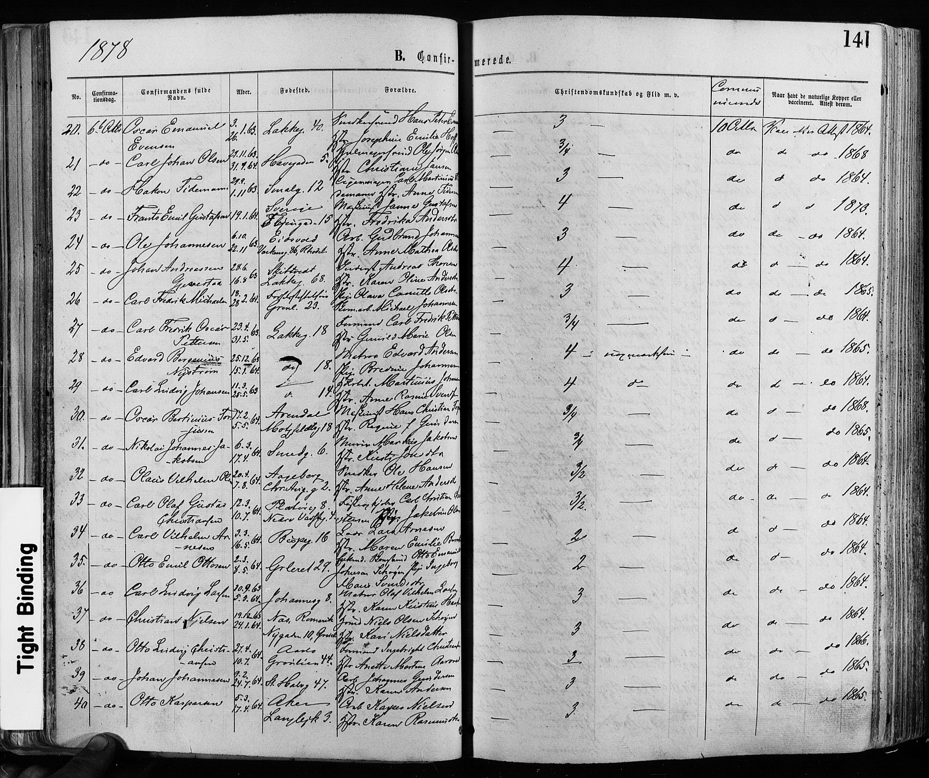 Grønland prestekontor Kirkebøker, AV/SAO-A-10848/F/Fa/L0005: Ministerialbok nr. 5, 1869-1880, s. 141