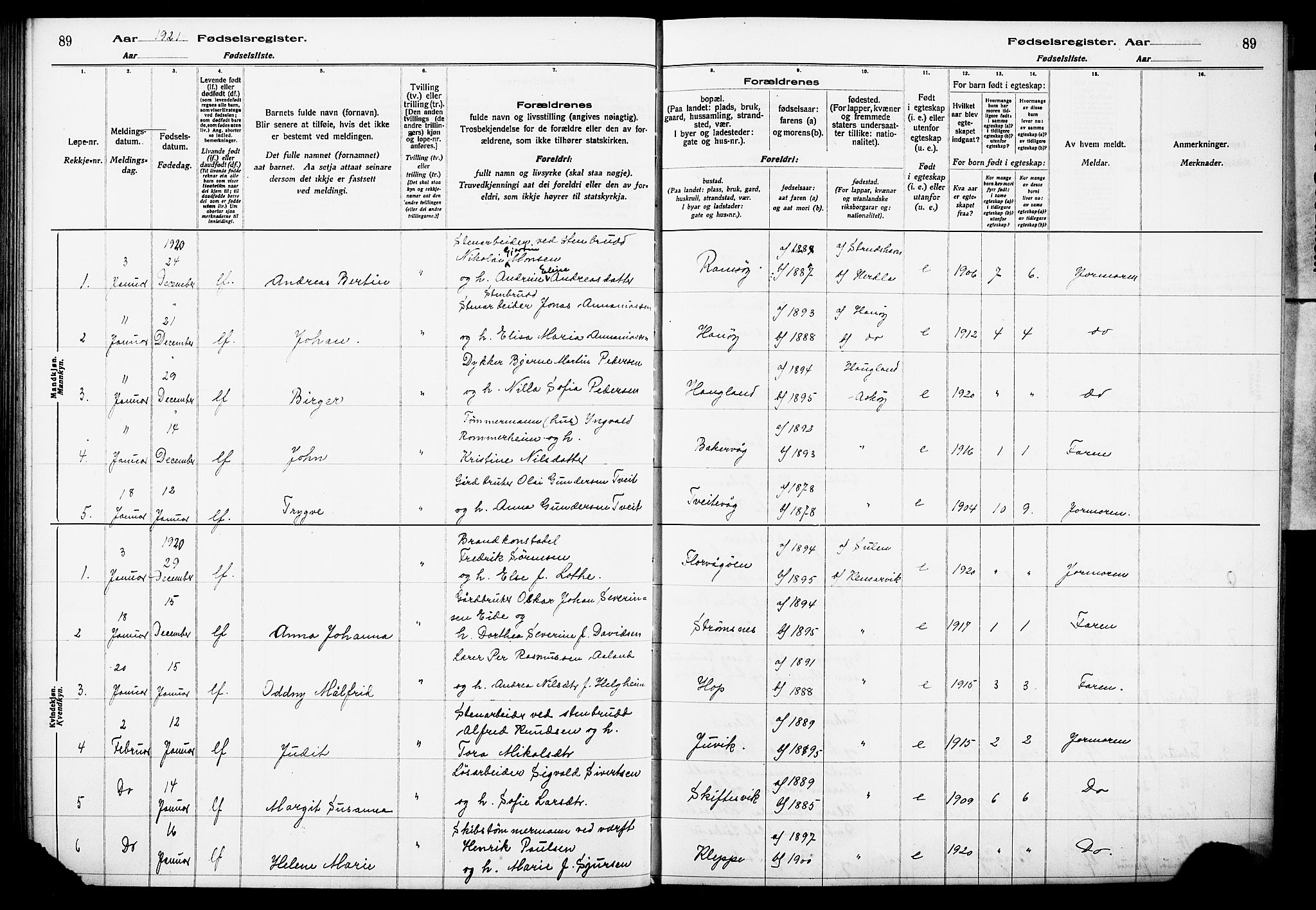 Askøy Sokneprestembete, SAB/A-74101/I/Id/L00A1: Fødselsregister nr. A 1, 1916-1928, s. 89