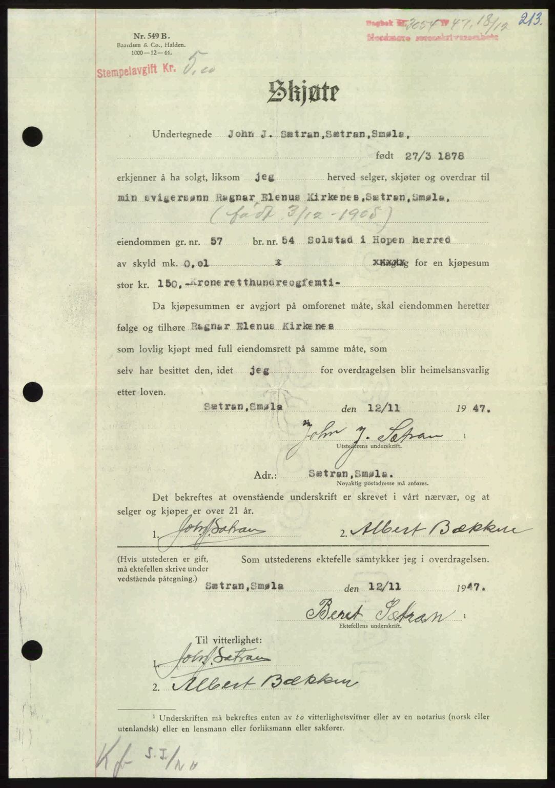 Nordmøre sorenskriveri, AV/SAT-A-4132/1/2/2Ca: Pantebok nr. A107, 1947-1948, Dagboknr: 3054/1947