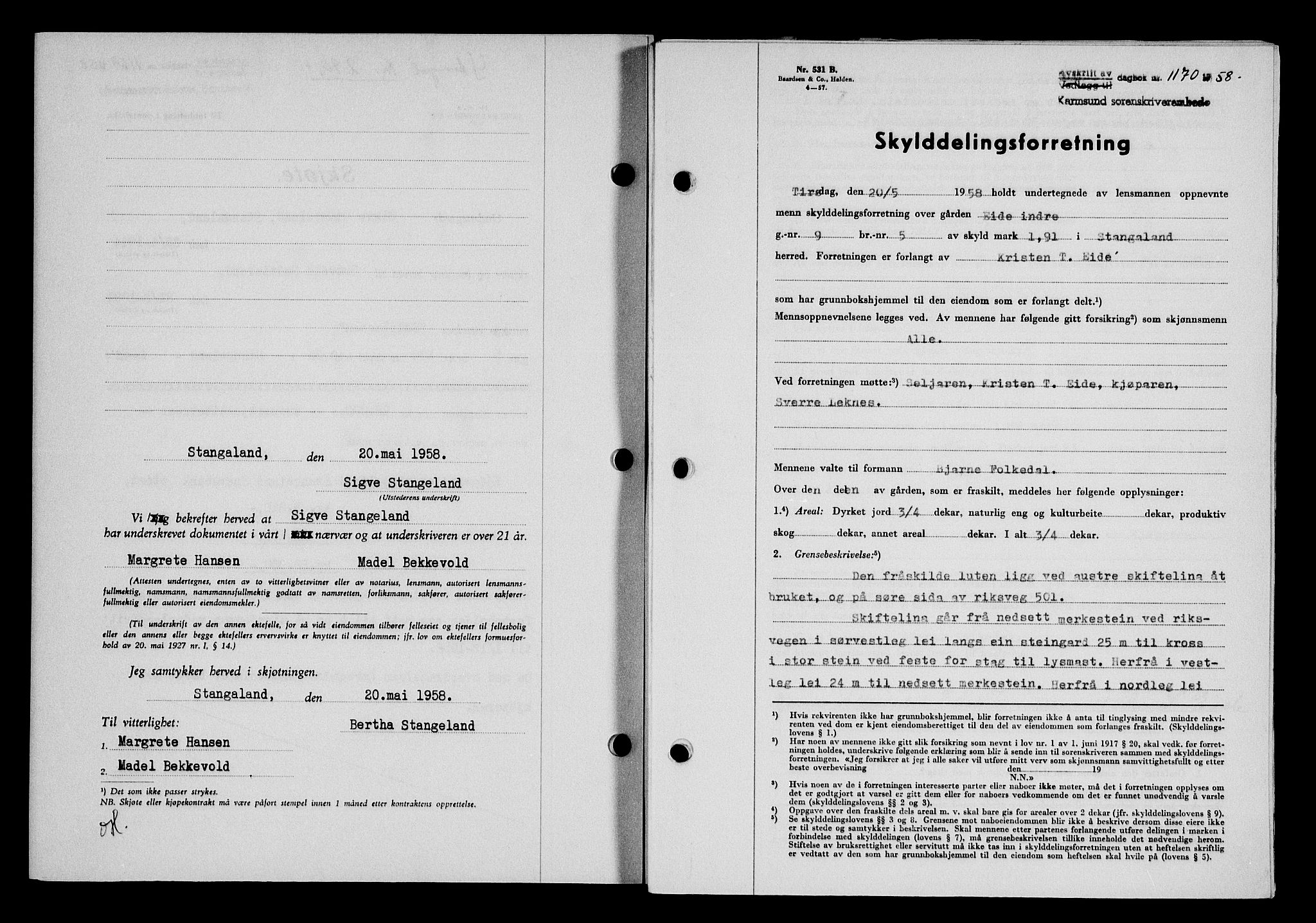 Karmsund sorenskriveri, SAST/A-100311/01/II/IIB/L0128: Pantebok nr. 108A, 1958-1958, Dagboknr: 1170/1958