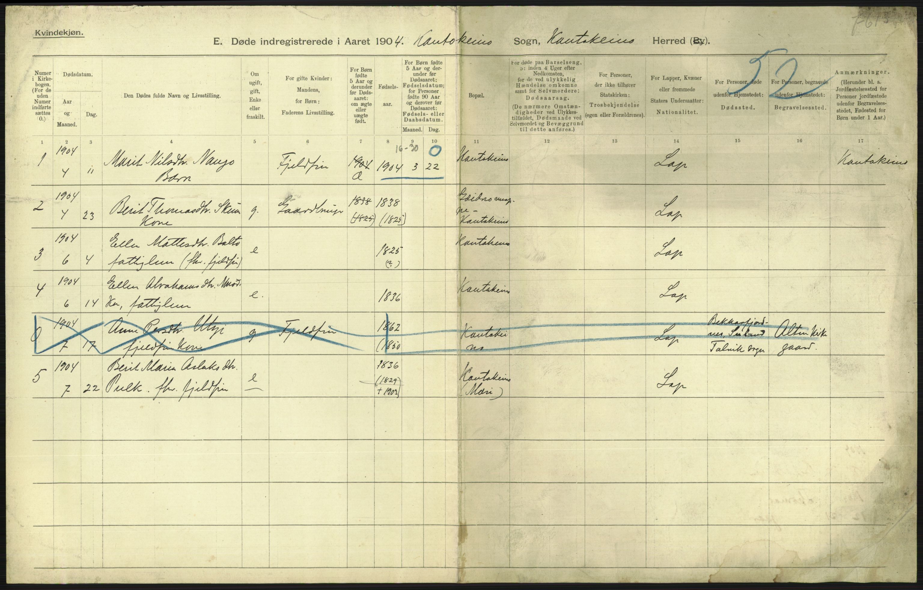 Statistisk sentralbyrå, Sosiodemografiske emner, Befolkning, AV/RA-S-2228/D/Df/Dfa/Dfab/L0023: Finnmarkens amt: Fødte, gifte, døde, 1904, s. 217