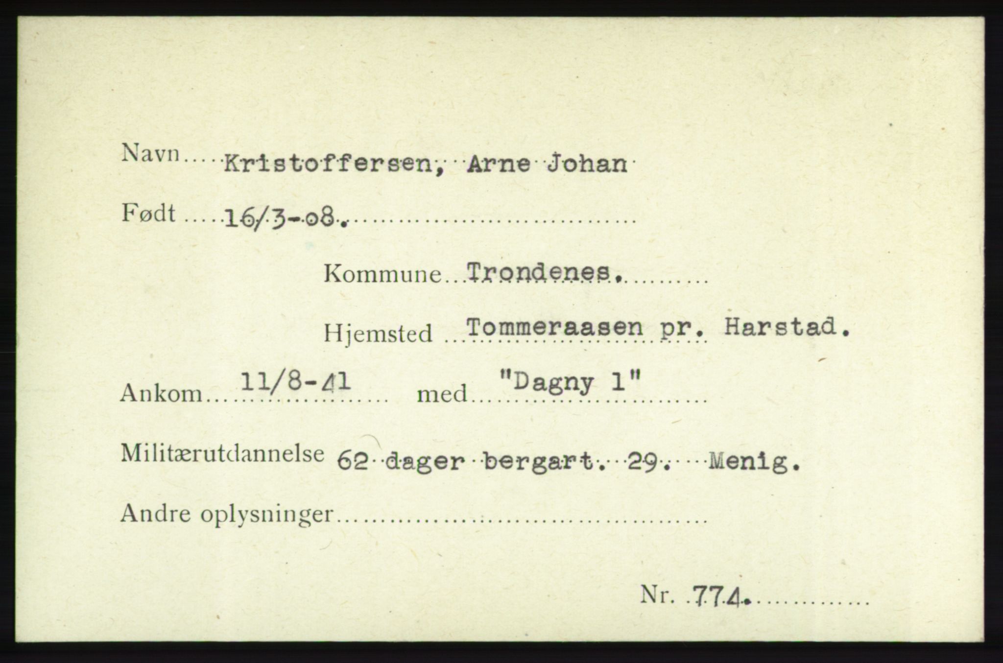 Forsvarets Overkommando. 2. kontor. Arkiv 8.1. Mottakersentralen FDE og FO.II, AV/RA-RAFA-6952/P/Pa/L0012: Kristoffersen - Lindstedt , 1940-1945, s. 3