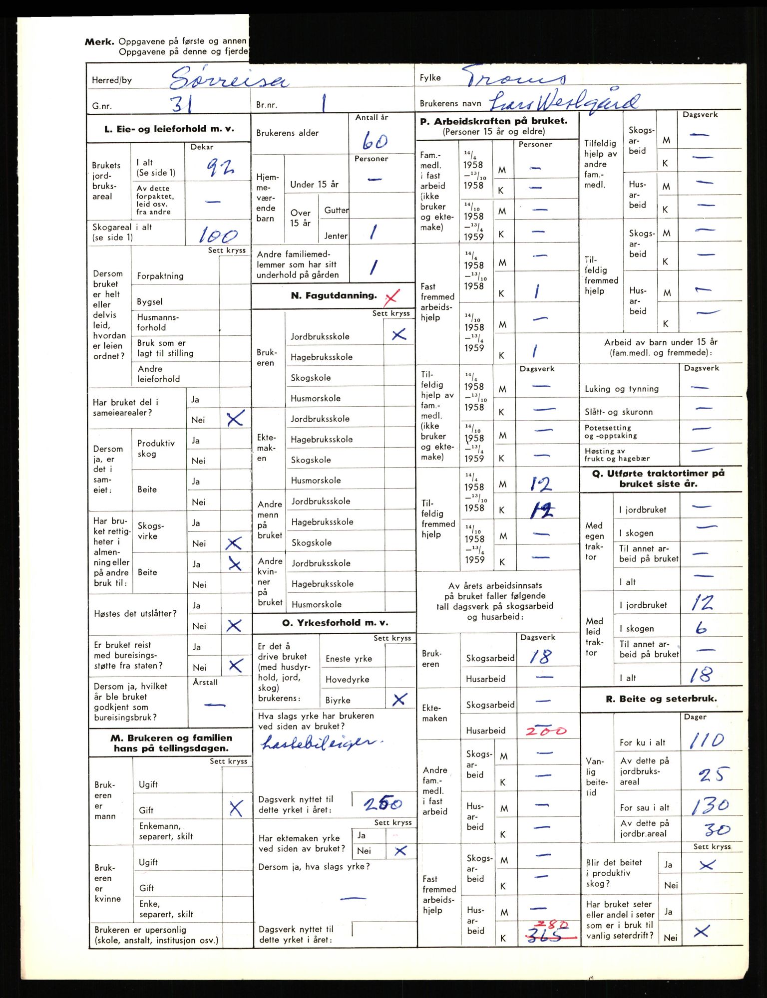 Statistisk sentralbyrå, Næringsøkonomiske emner, Jordbruk, skogbruk, jakt, fiske og fangst, AV/RA-S-2234/G/Gd/L0656: Troms: 1924 Målselv (kl. 0-3) og 1925 Sørreisa, 1959, s. 2108