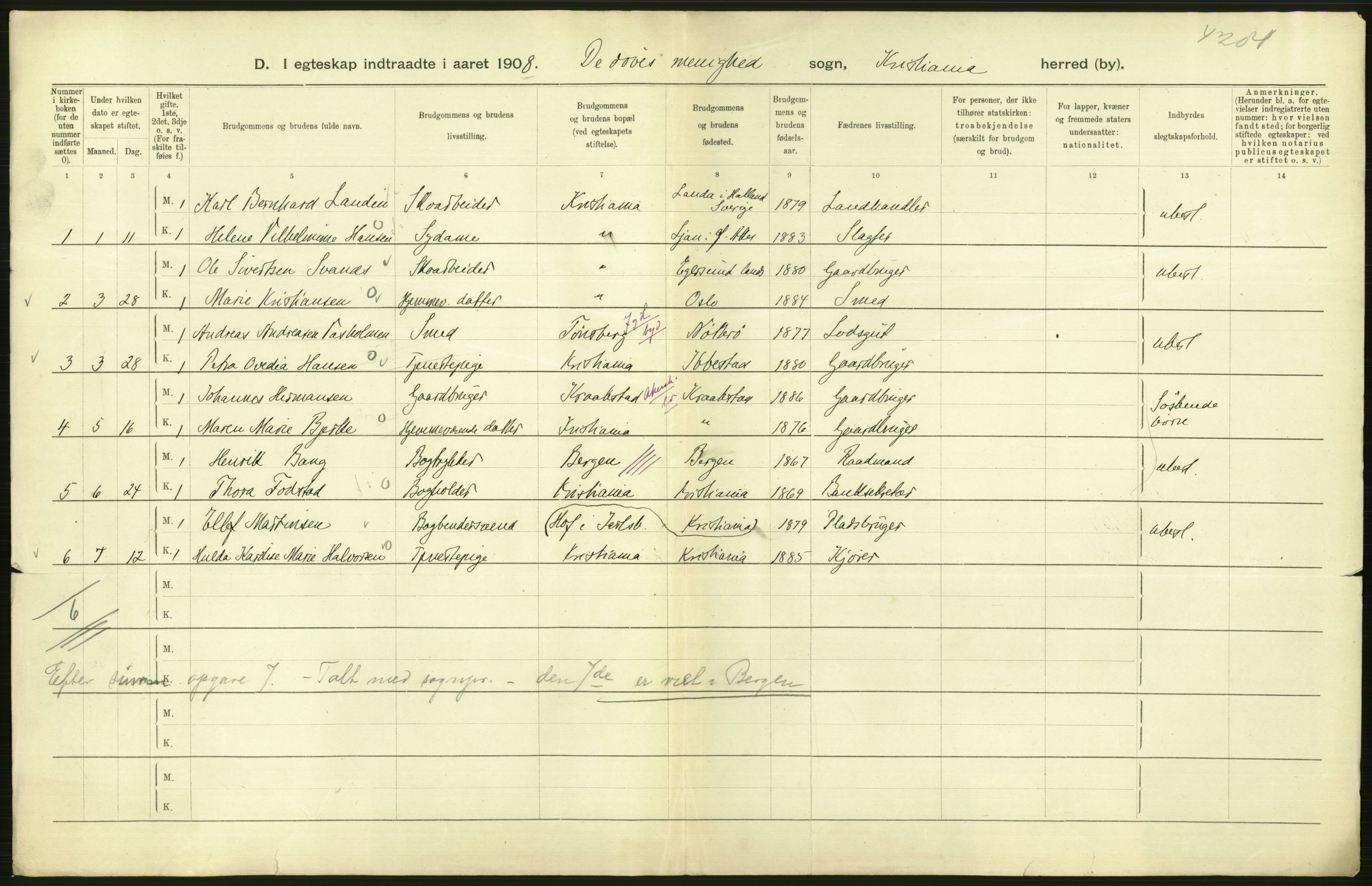 Statistisk sentralbyrå, Sosiodemografiske emner, Befolkning, AV/RA-S-2228/D/Df/Dfa/Dfaf/L0007: Kristiania: Gifte, 1908, s. 542