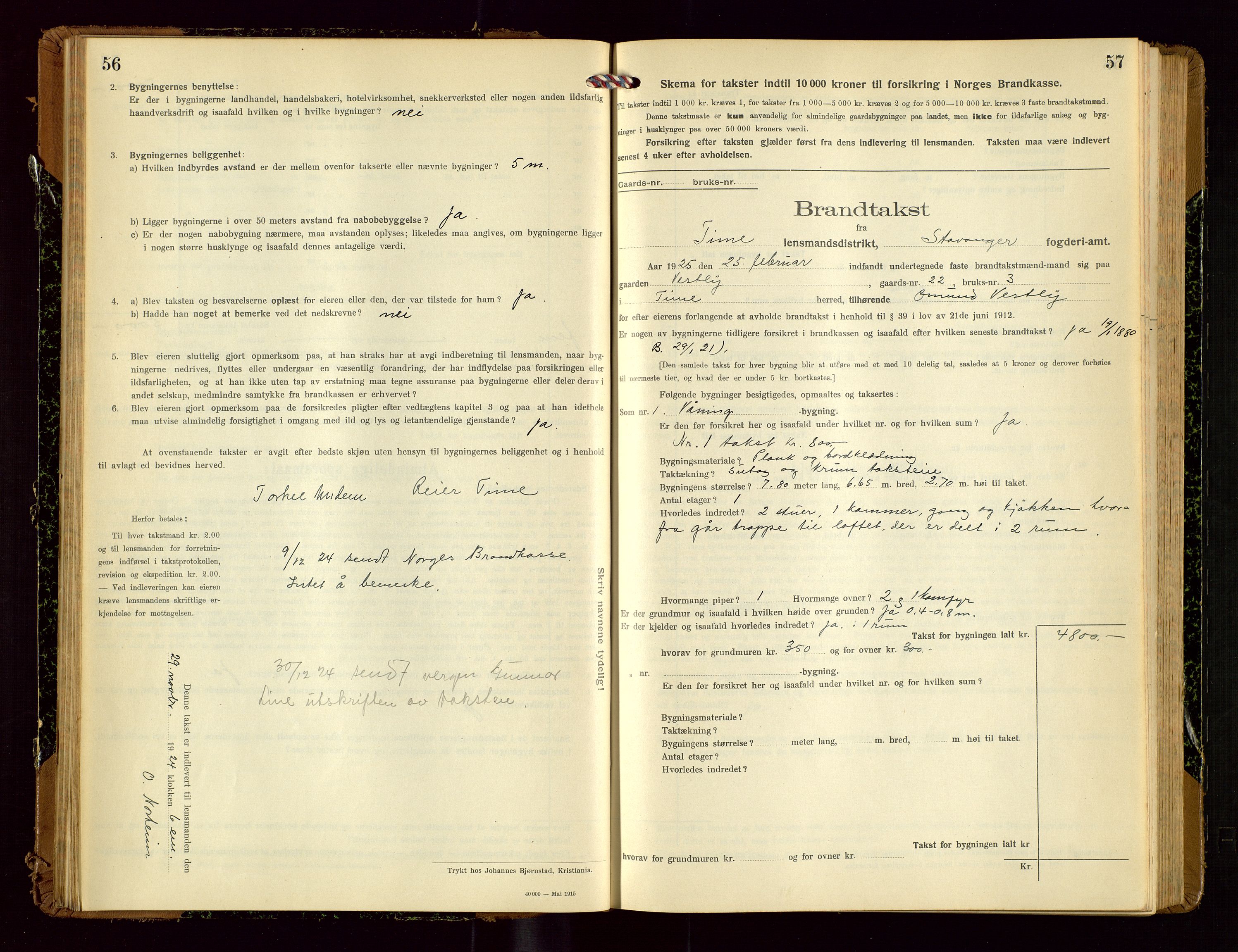Time lensmannskontor, AV/SAST-A-100420/Gob/L0002: Branntakstprotokoll, 1919-1952, s. 56-57
