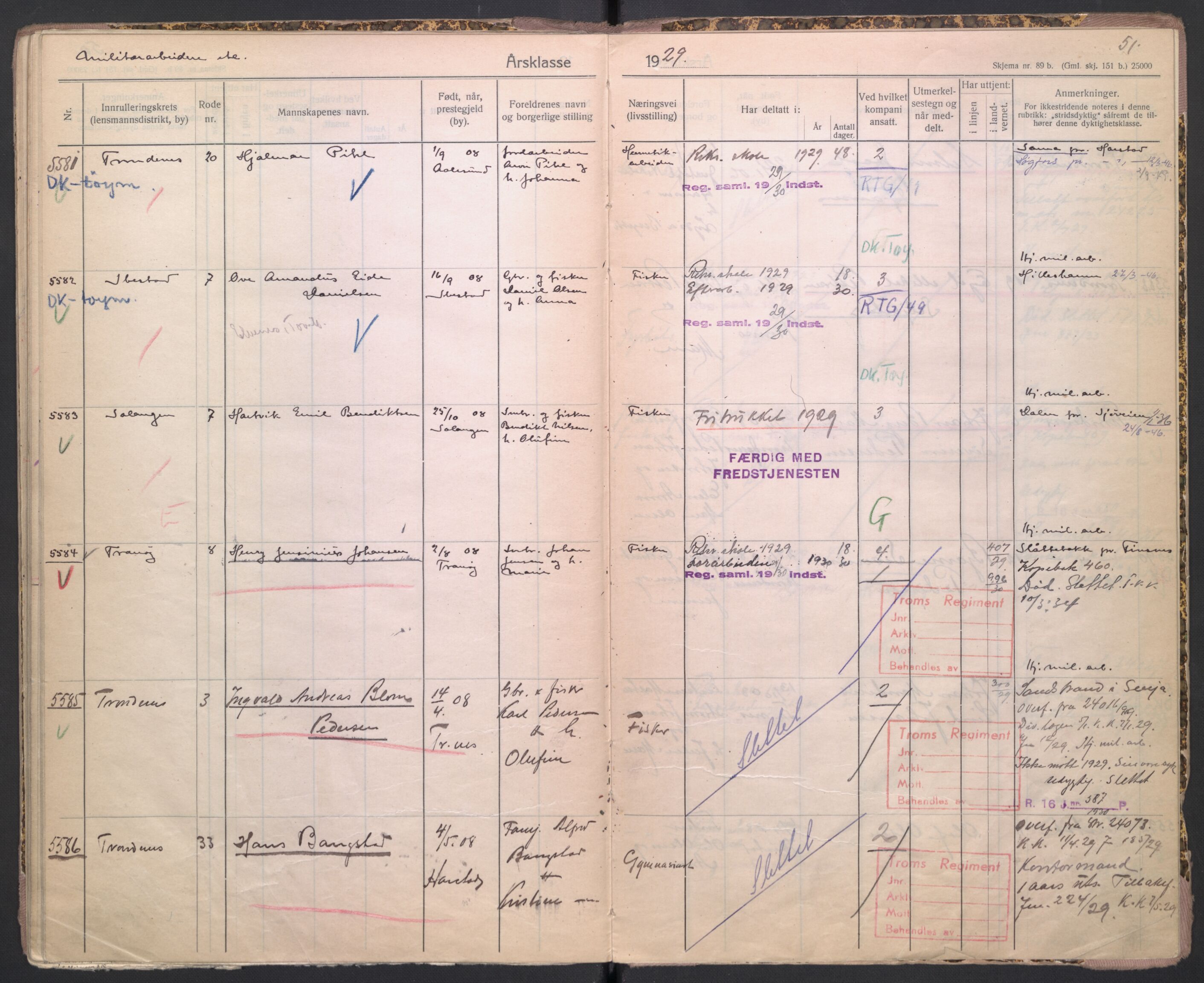 Forsvaret, Troms infanteriregiment nr. 16, AV/RA-RAFA-3146/P/Pa/L0004/0009: Ruller / Rulle for Trondenes bataljons menige mannskaper, årsklasse 1929, 1929, s. 51