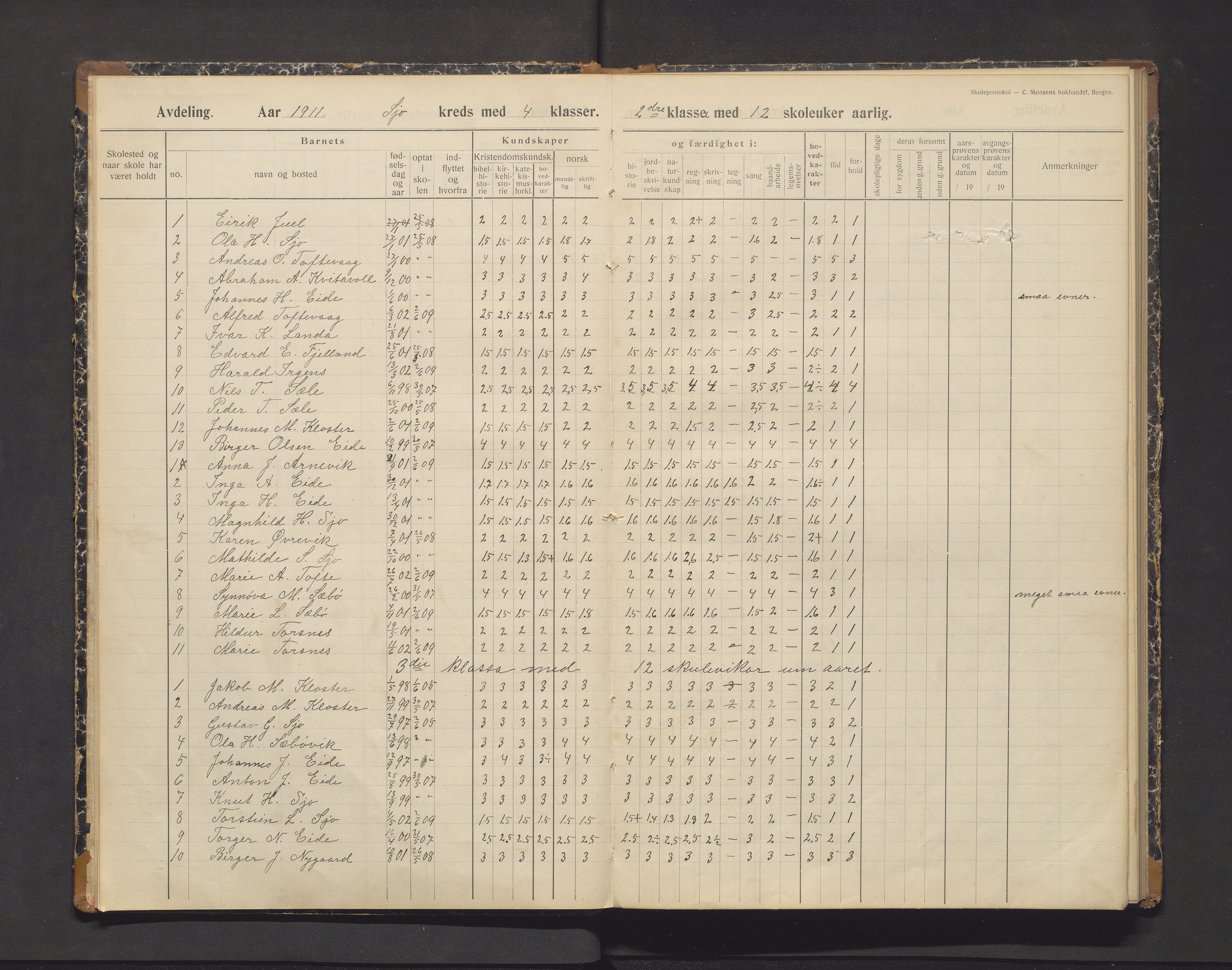 Fjelberg kommune. Barneskulane, IKAH/1213-231/F/Fb/L0009: Skuleprotokoll for Sjo skule, 1911-1919