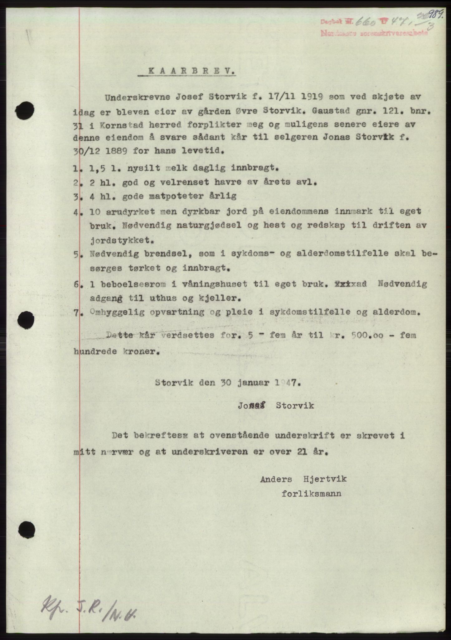 Nordmøre sorenskriveri, SAT/A-4132/1/2/2Ca: Pantebok nr. B95, 1946-1947, Dagboknr: 660/1947