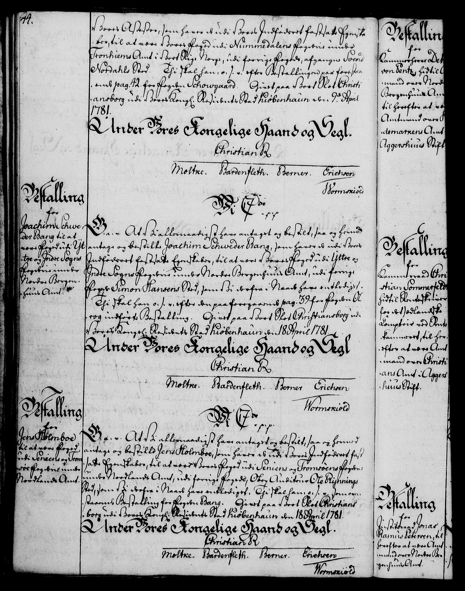 Rentekammeret, Kammerkanselliet, RA/EA-3111/G/Gg/Gge/L0006: Norsk bestallingsprotokoll med register (merket RK 53.30), 1773-1814, s. 44